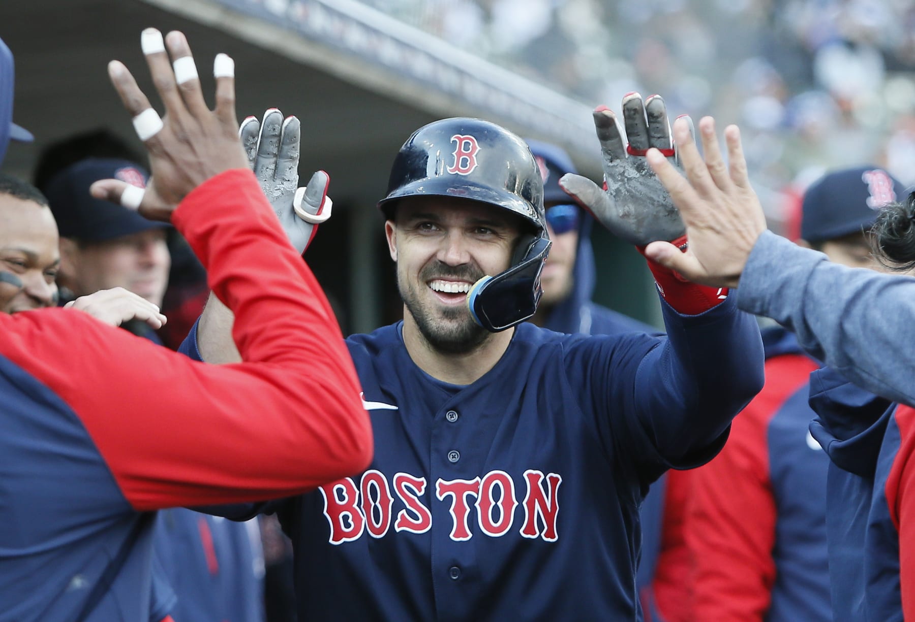 DETROIT, MI -  APRIL 8:  Adam Duvall #18 of the Boston Red Sox celebrates after scoring against the Detroit Tigers during the eighth inning at Comerica Park on April 8, 2023, in Detroit, Michigan. (Photo by Duane Burleson/Getty Images)