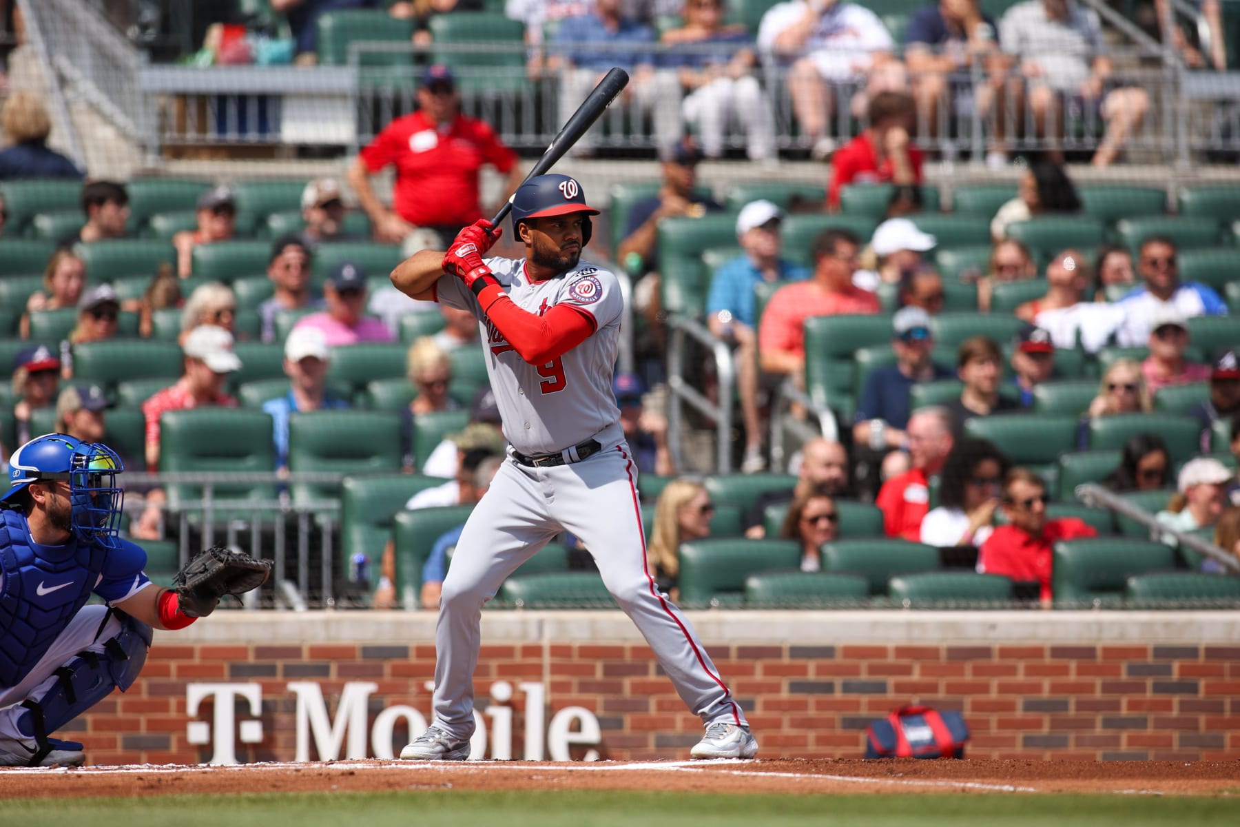 ATLANTA, GA - JUNE 10: Jeimer Candelario #9 of the Washington Nationals bats against the Atlanta Braves in the first inning at Truist Park on June 10, 2023 in Atlanta, Georgia. (Photo by Brett Davis/Getty Images)
