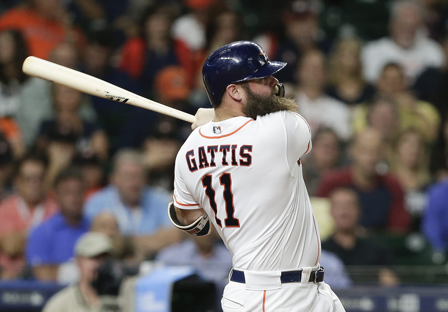 HOUSTON, TX - SEPTEMBER 05:  Evan Gattis #11 of the Houston Astros hits a two-run home run in the fourth inning against the Minnesota Twins at Minute Maid Park on September 5, 2018 in Houston, Texas.  (Photo by Bob Levey/Getty Images)