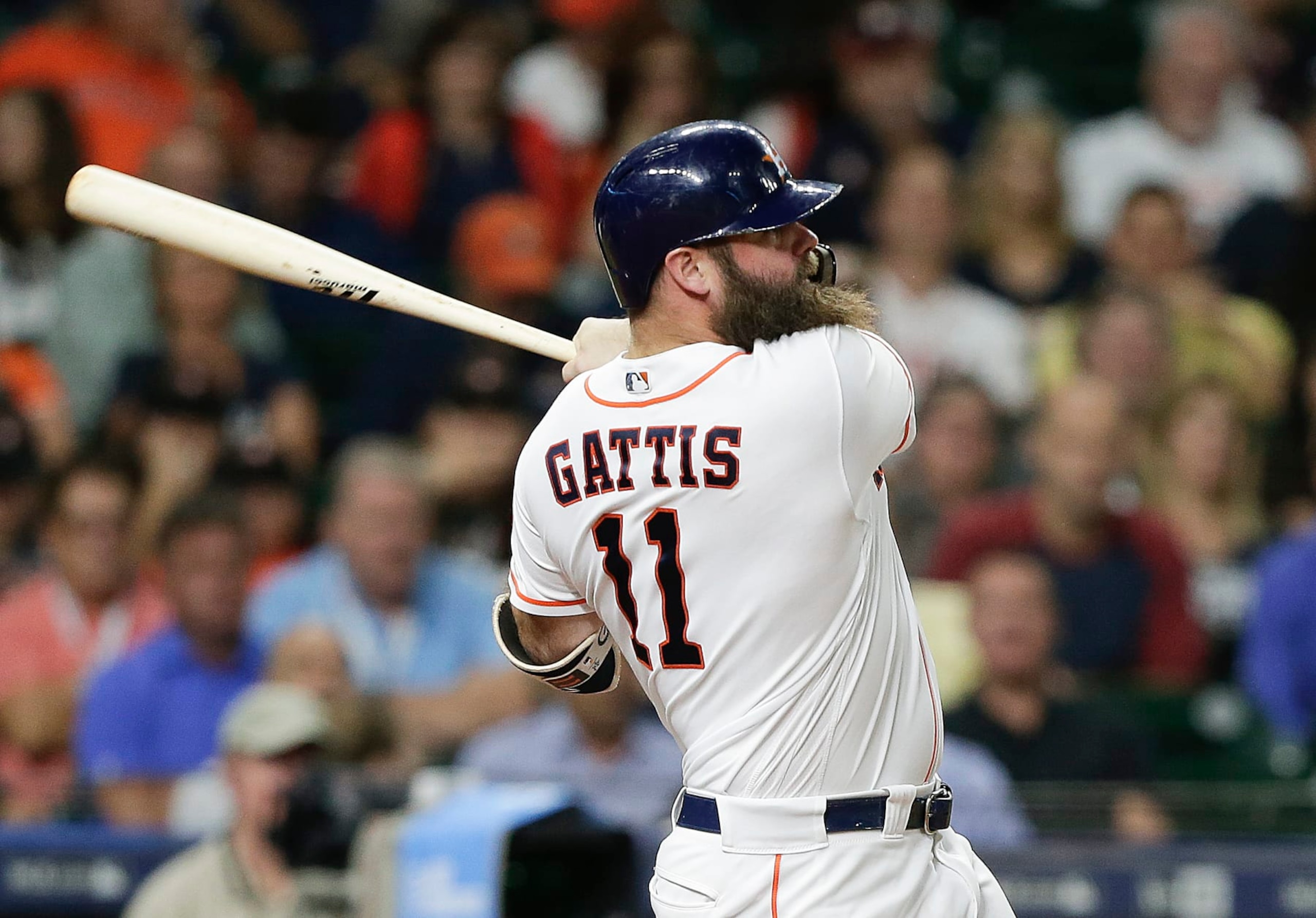 HOUSTON, TX - SEPTEMBER 05:  Evan Gattis #11 of the Houston Astros hits a two-run home run in the fourth inning against the Minnesota Twins at Minute Maid Park on September 5, 2018 in Houston, Texas.  (Photo by Bob Levey/Getty Images)
