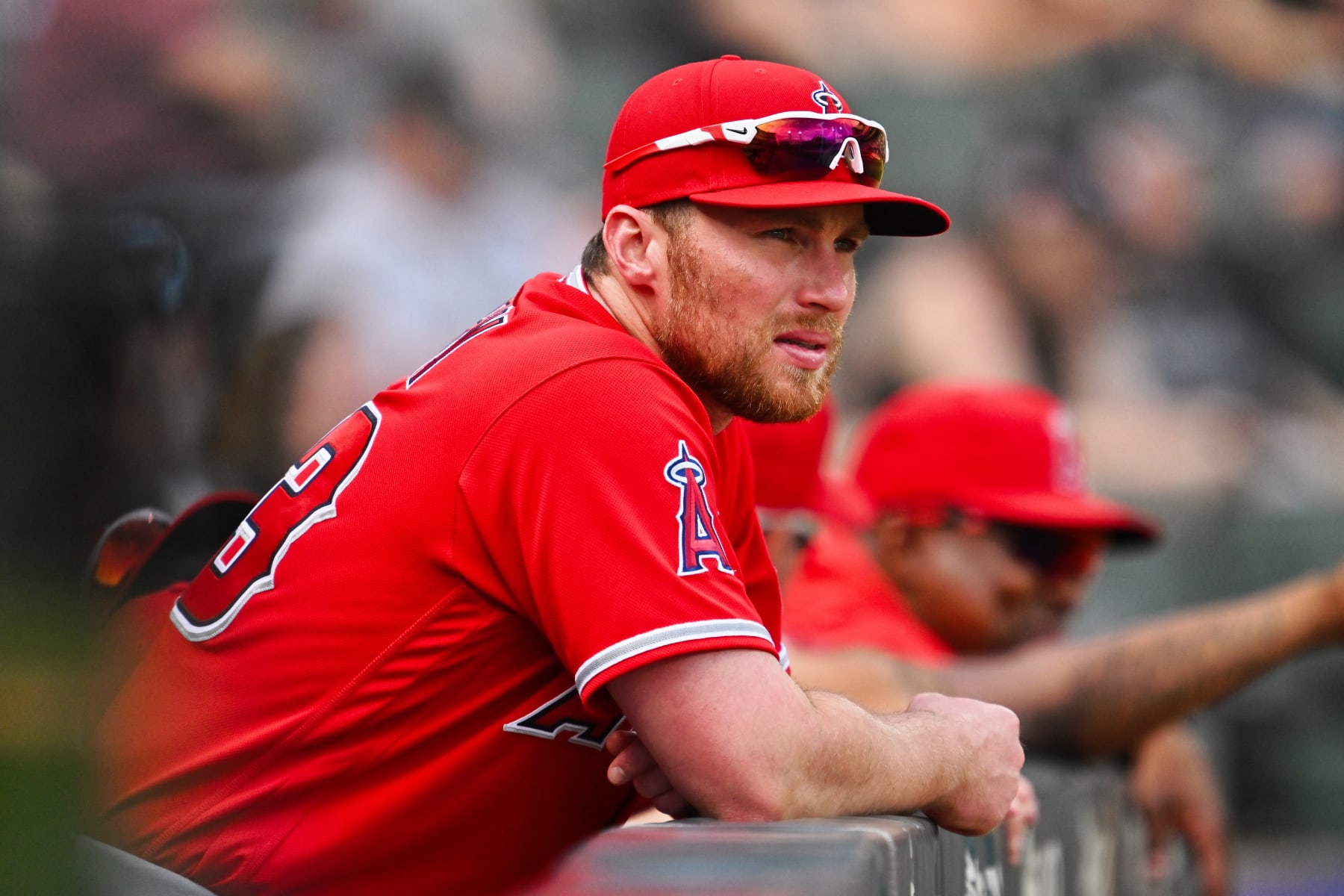 CHICAGO, IL - MAY 31:  Brandon Drury #23 of the Los Angeles Angels watches from the dugout as his team plays against the Chicago White Sox at Guaranteed Rate Field on May 31, 2023 in Chicago, Illinois.  (Photo by Jamie Sabau/Getty Images)