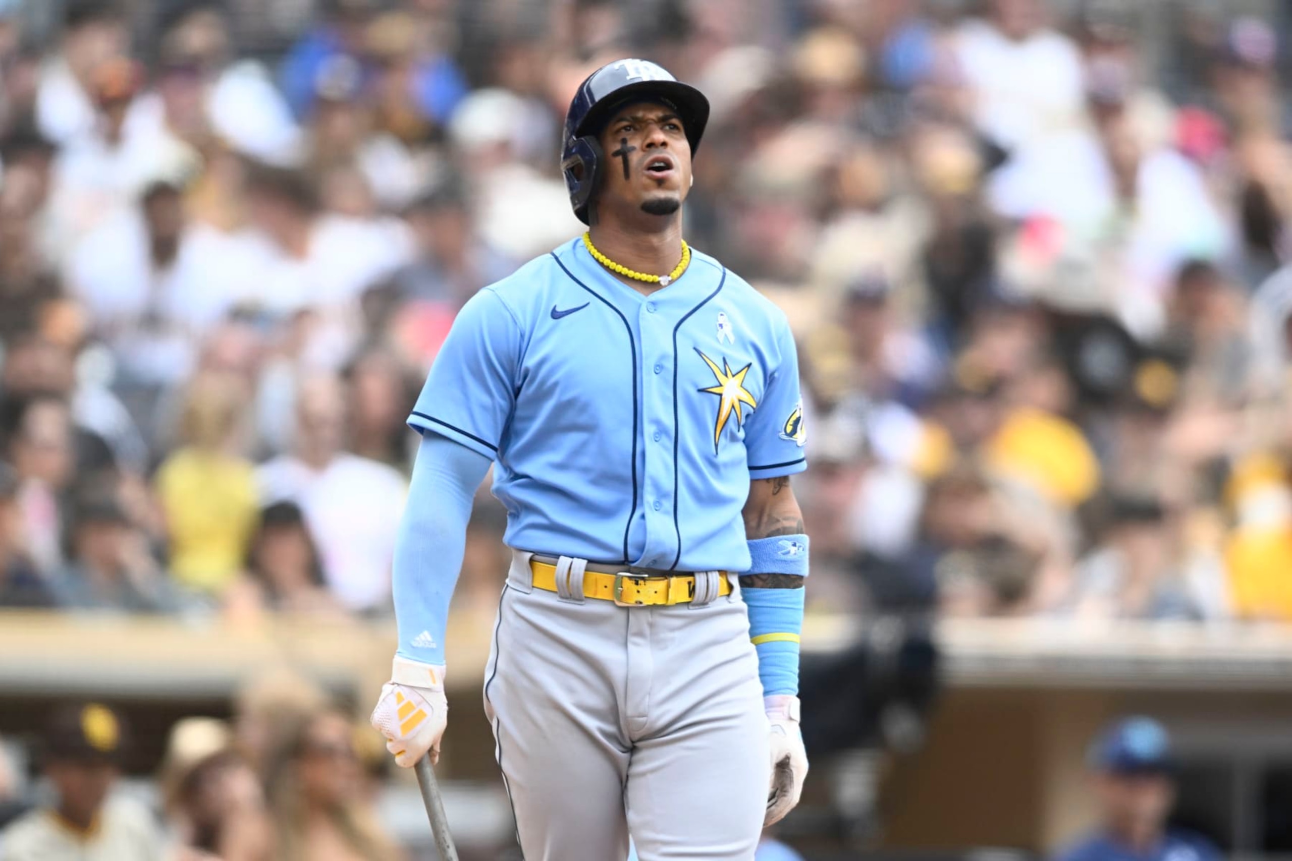 SAN DIEGO, CA - JUNE 18: Wander Franco #5 of the Tampa Bay Rays reacts after hitting a foul ball during the seventh inning of a baseball game against the San Diego Padres on June 18, 2023 at Petco Park in San Diego, California. (Photo by Denis Poroy/Getty Images)