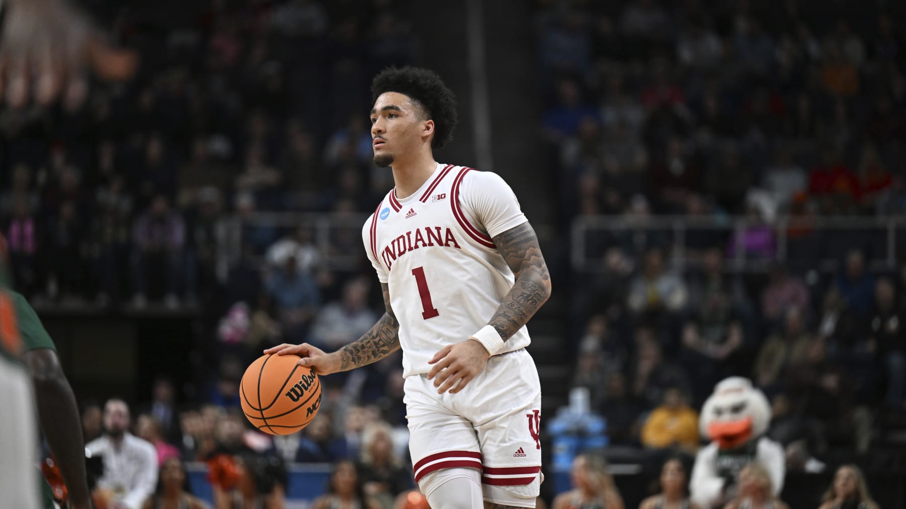 Indiana guard Jalen Hood-Schifino (1) during the second half of a second-round college basketball game against Miami in the NCAA Tournament Sunday, March 19, 2023, in Albany, N.Y. (AP Photo/Hans Pennink)