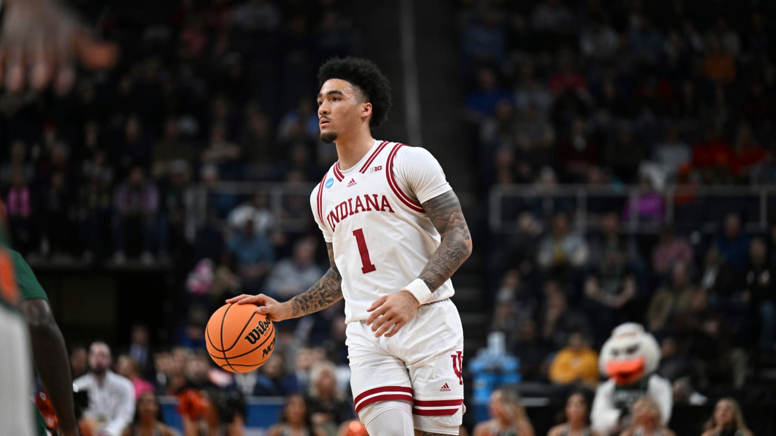 Indiana guard Jalen Hood-Schifino (1) during the second half of a second-round college basketball game against Miami in the NCAA Tournament Sunday, March 19, 2023, in Albany, N.Y. (AP Photo/Hans Pennink)