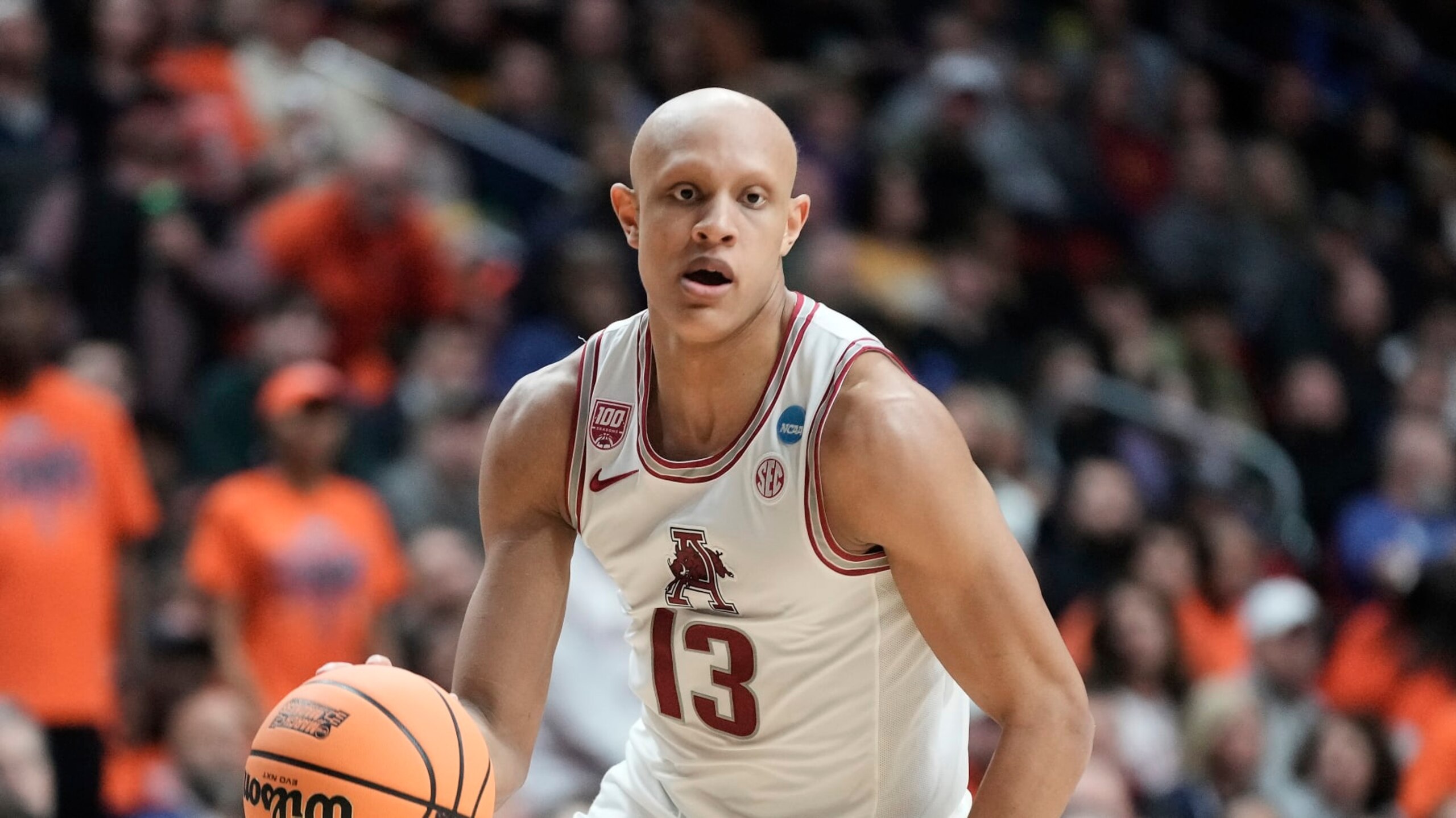 Arkansas's Jordan Walsh during second half of a first-round college basketball game against Illinois in the NCAA Tournament Thursday, March 16, 2023, in Des Moines, Iowa. (AP Photo/Morry Gash)