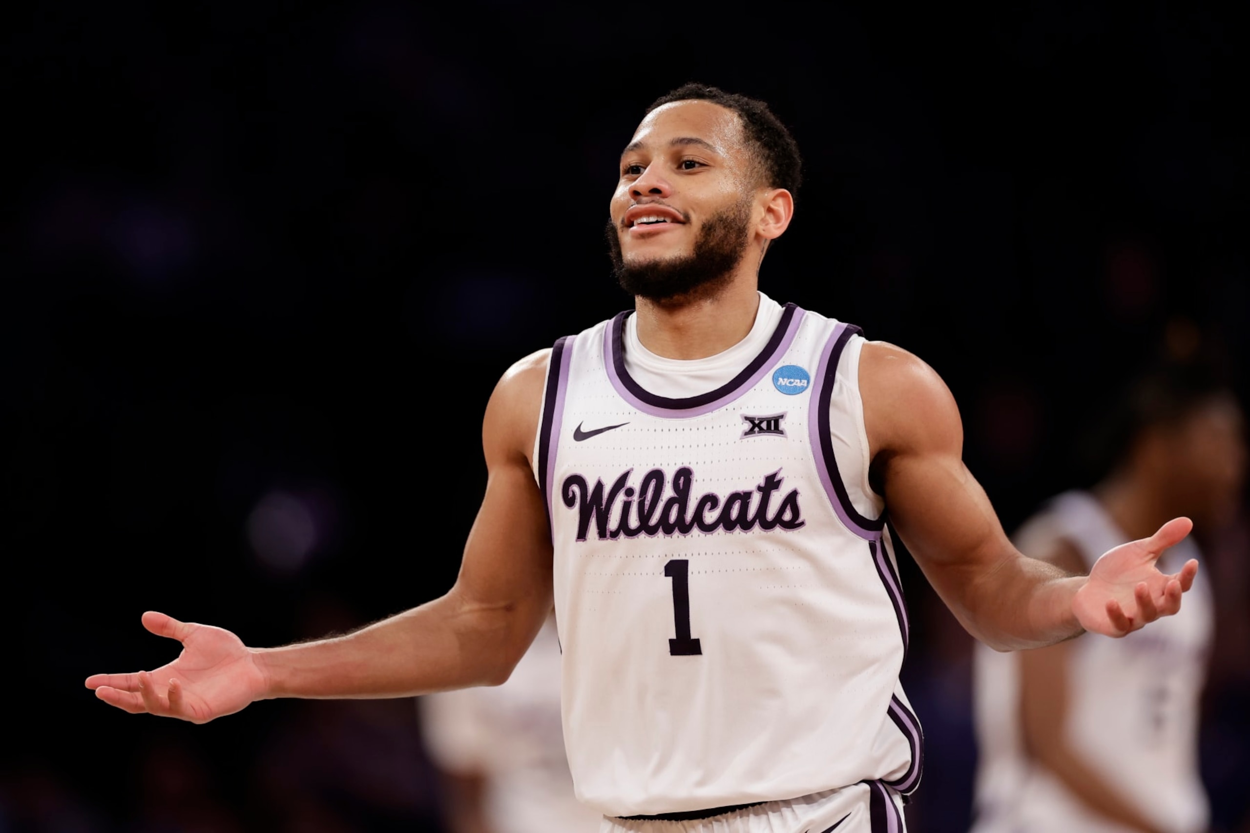 Kansas State's Markquis Nowell (1) reacts in the second half of an Elite 8 college basketball game against Florida Atlantic in the NCAA Tournament's East Region final, Saturday, March 25, 2023, in New York. (AP Photo/Adam Hunger) Kansas State's Markquis Nowell (1) reacts in the second half of an Elite 8 college basketball game against Florida Atlantic in the NCAA Tournament's East Region final, Saturday, March 25, 2023, in New York. (AP Photo/Adam Hunger)