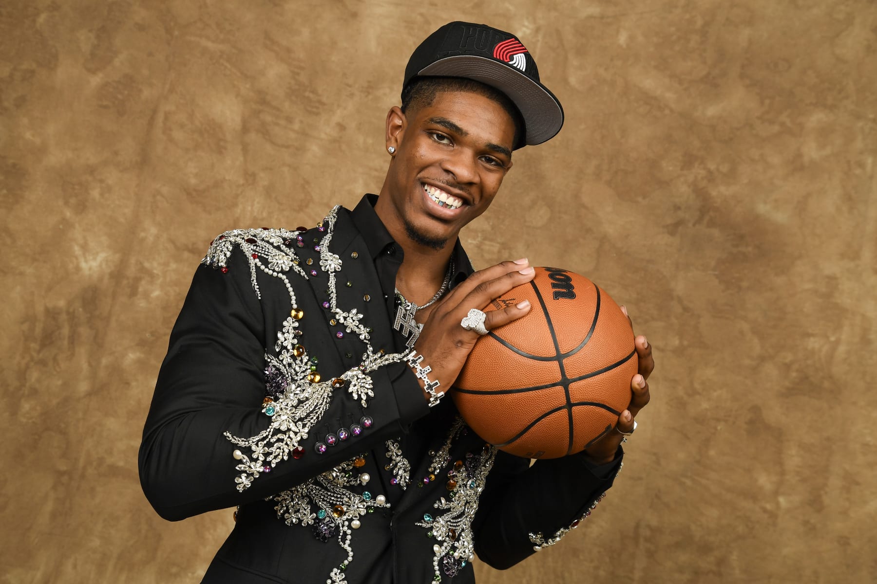 BROOKLYN, NY - JUNE 22: Scoot Henderson poses for a portrait after being drafted number three overall by the Portland Trail Blazers during the 2023 NBA Draft on June 22, 2023 at Barclays Center in Brooklyn, New York. NOTE TO USER: User expressly acknowledges and agrees that, by downloading and or using this photograph, User is consenting to the terms and conditions of the Getty Images License Agreement. Mandatory Copyright Notice: Copyright 2023 NBAE (Photo by Brian Babineau/NBAE via Getty Images)