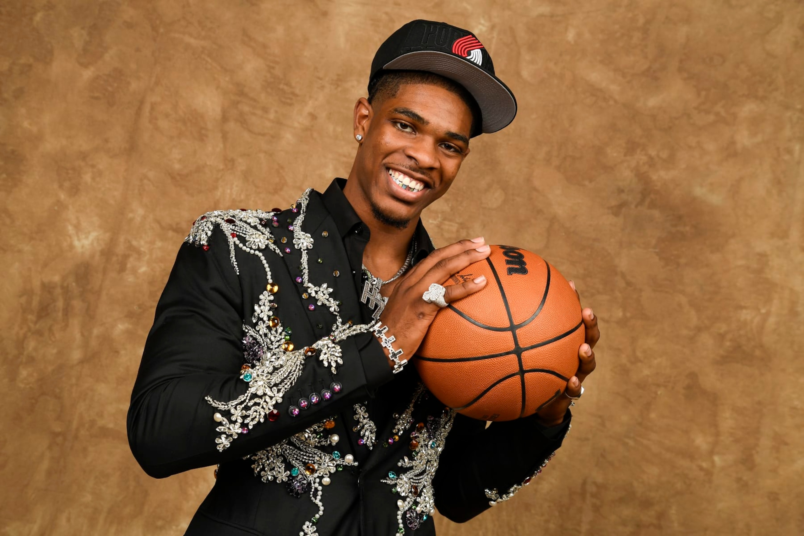 BROOKLYN, NY - JUNE 22: Scoot Henderson poses for a portrait after being drafted number three overall by the Portland Trail Blazers during the 2023 NBA Draft on June 22, 2023 at Barclays Center in Brooklyn, New York. NOTE TO USER: User expressly acknowledges and agrees that, by downloading and or using this photograph, User is consenting to the terms and conditions of the Getty Images License Agreement. Mandatory Copyright Notice: Copyright 2023 NBAE (Photo by Brian Babineau/NBAE via Getty Images)