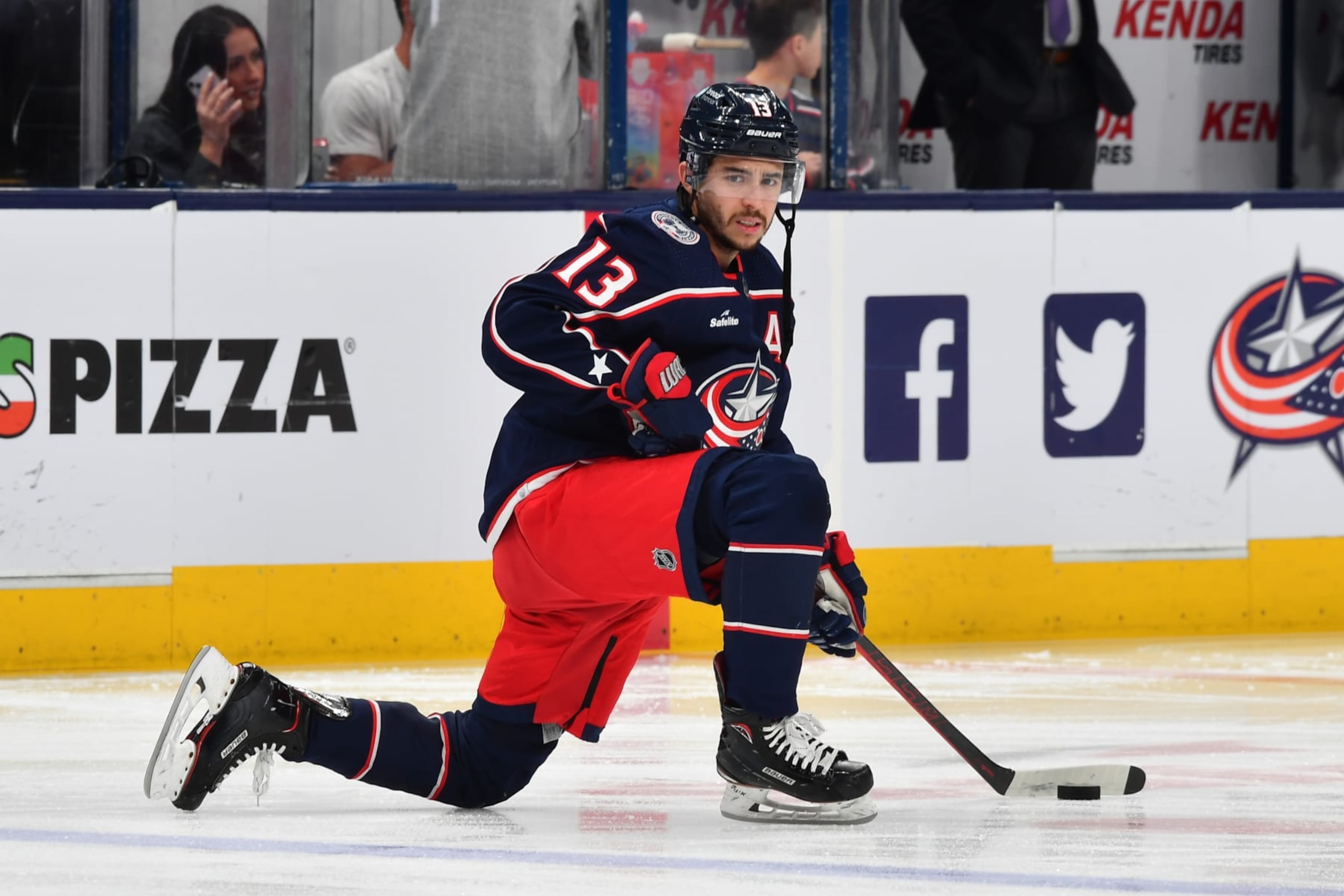 COLUMBUS, OHIO - APRIL 14: Johnny Gaudreau #13 of the Columbus Blue Jackets warms up prior to a game against the Buffalo Sabres at Nationwide Arena on April 14, 2023 in Columbus, Ohio. (Photo by Ben Jackson/NHLI via Getty Images)