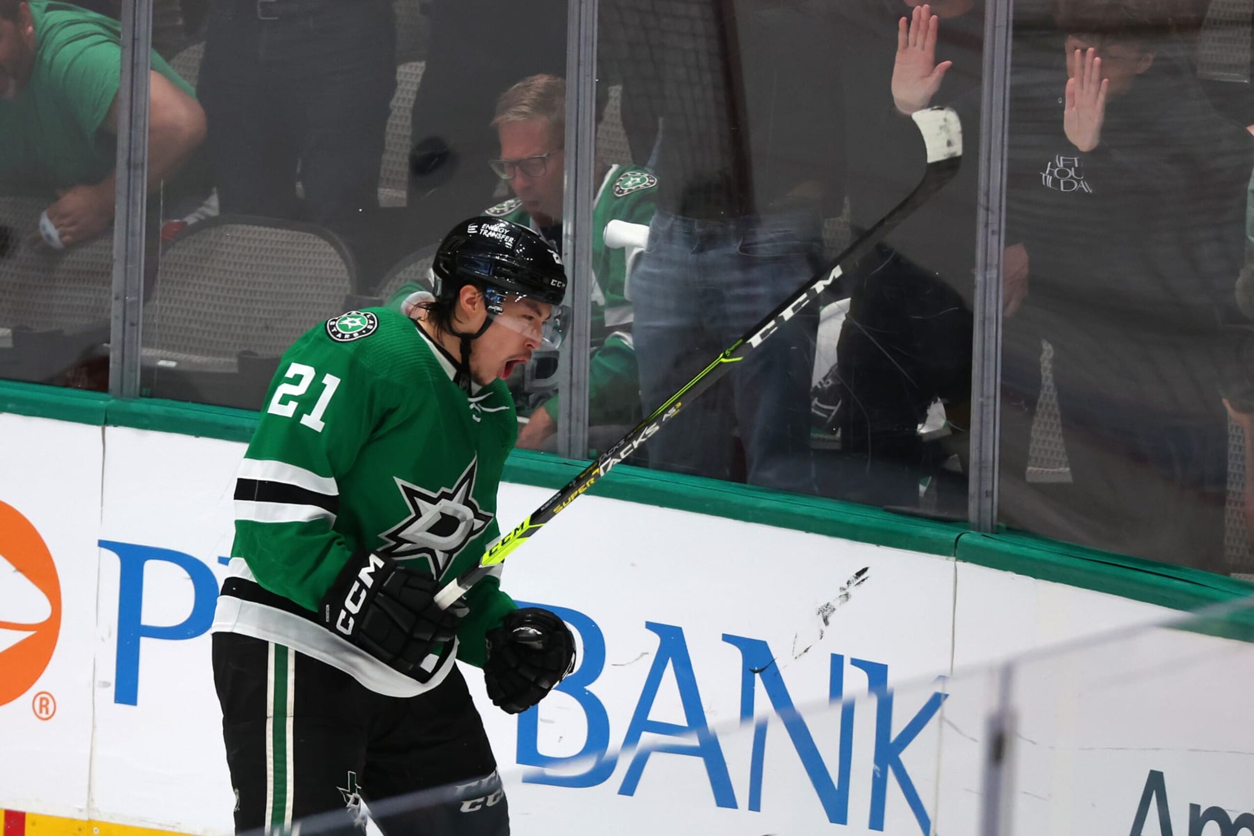 DALLAS, TEXAS - MAY 25: Jason Robertson #21 of the Dallas Stars celebrates a goal against the Vegas Golden Knights during the second period in Game Four of the Western Conference Final of the 2023 Stanley Cup Playoffs at American Airlines Center on May 25, 2023 in Dallas, Texas. (Photo by Richard Rodriguez/Getty Images)