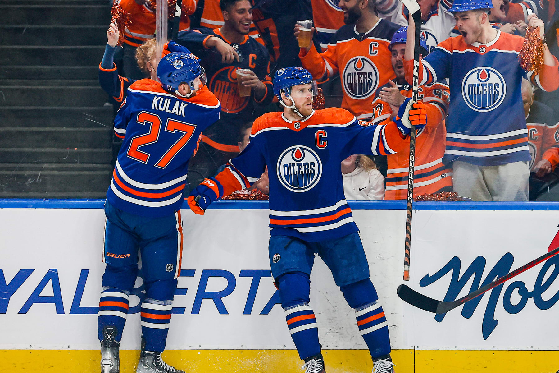 EDMONTON, AB - MAY 14: Edmonton Oilers Center Connor McDavid (97) celebrates his goal in the first period of game six in the Western Conference Second Round of the Edmonton Oilers versus the Las Vegas Golden Knights on May 14, 2023 at Rogers Place in Edmonton, AB. (Photo by Curtis Comeau/Icon Sportswire via Getty Images)