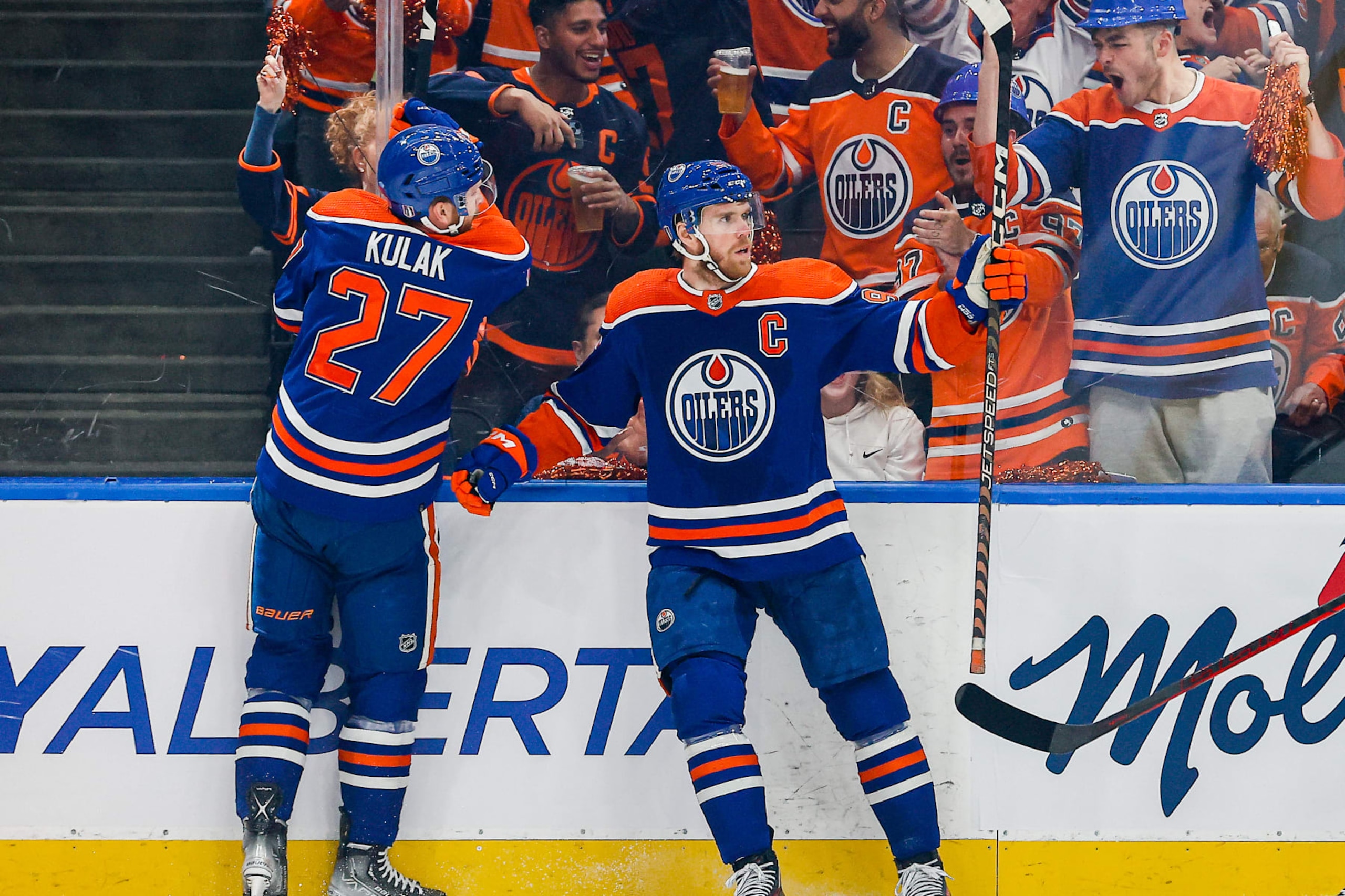 EDMONTON, AB - MAY 14: Edmonton Oilers Center Connor McDavid (97) celebrates his goal in the first period of game six in the Western Conference Second Round of the Edmonton Oilers versus the Las Vegas Golden Knights on May 14, 2023 at Rogers Place in Edmonton, AB. (Photo by Curtis Comeau/Icon Sportswire via Getty Images)