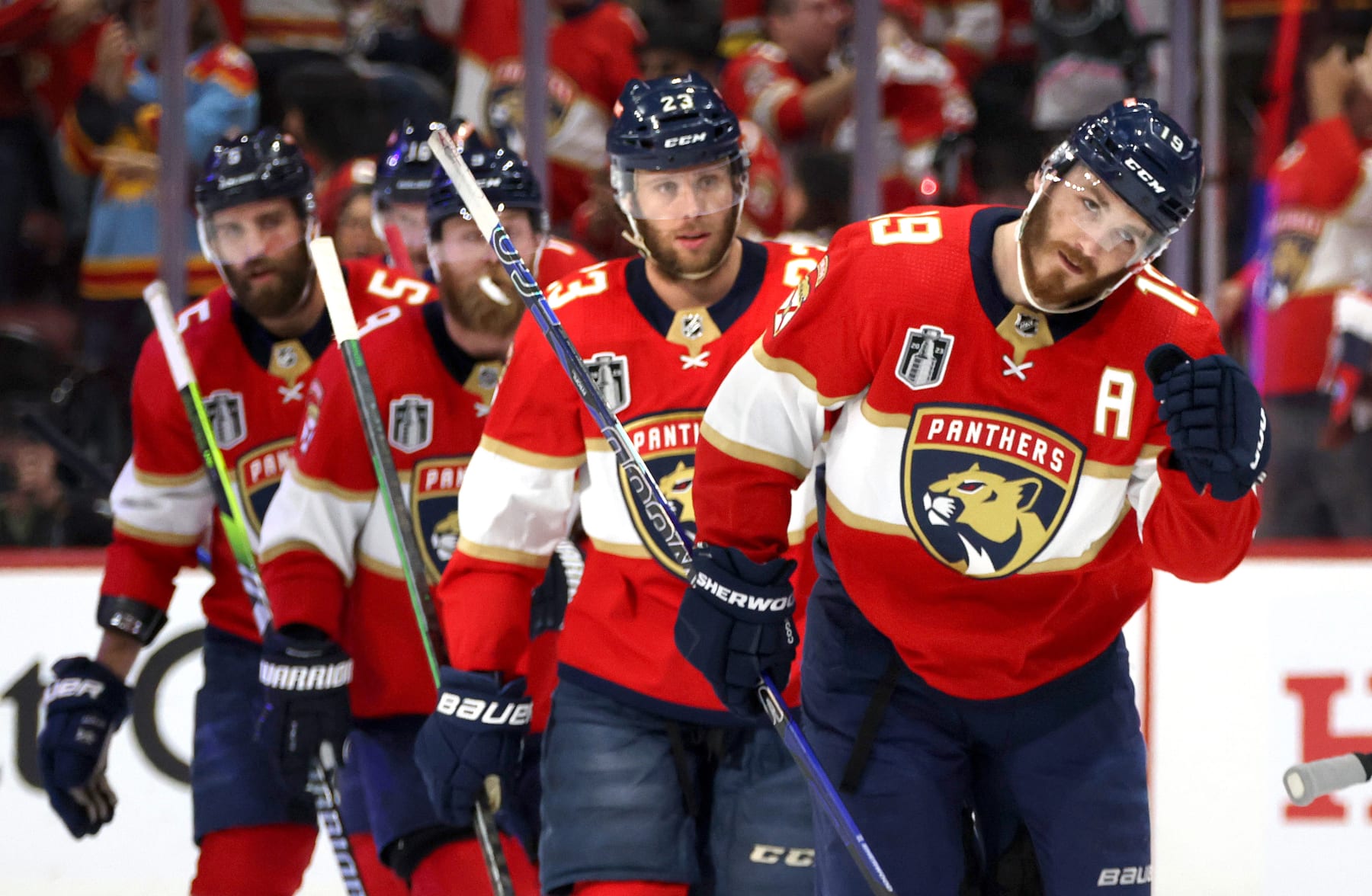 SUNRISE, FLORIDA - JUNE 08: Matthew Tkachuk #19 of the Florida Panthers celebrates his goal to tie the game late in the third period of Game Three of the 2023 NHL Stanley Cup Final against the Vegas Golden Knights at FLA Live Arena on June 08, 2023 in Sunrise, Florida. (Photo by Dave Sandford/NHLI via Getty Images)