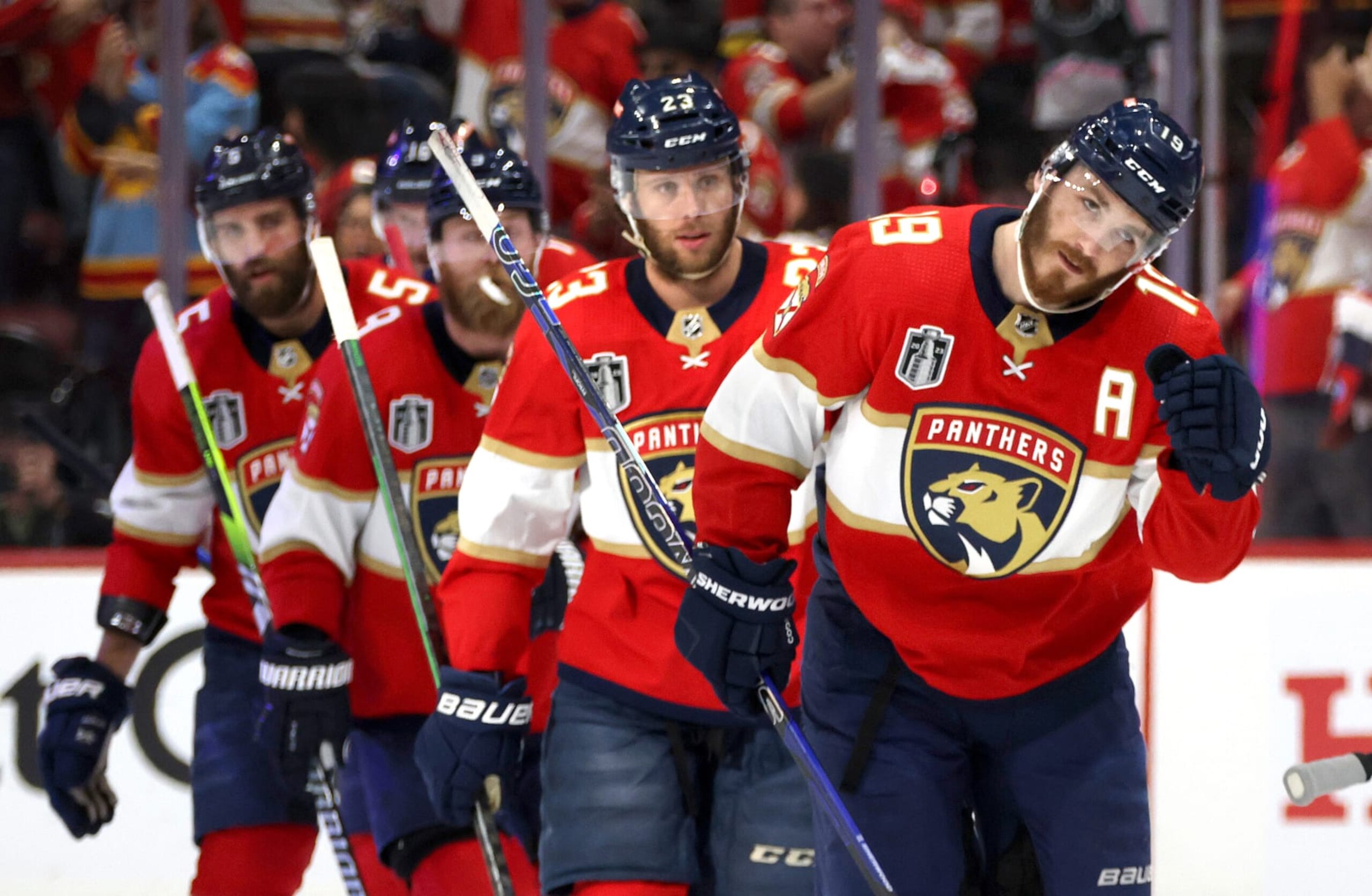 SUNRISE, FLORIDA - JUNE 08: Matthew Tkachuk #19 of the Florida Panthers celebrates his goal to tie the game late in the third period of Game Three of the 2023 NHL Stanley Cup Final against the Vegas Golden Knights at FLA Live Arena on June 08, 2023 in Sunrise, Florida. (Photo by Dave Sandford/NHLI via Getty Images)