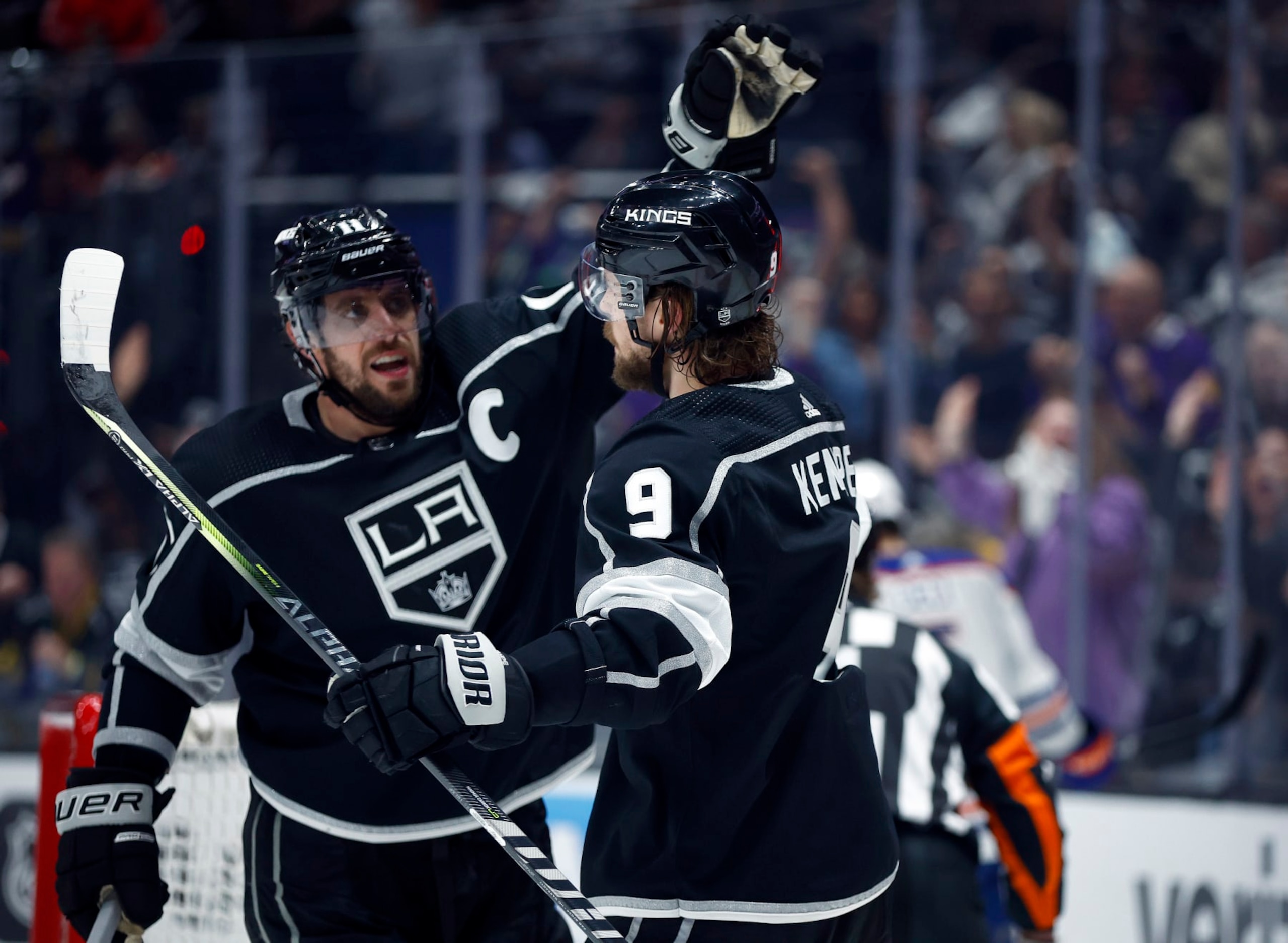 LOS ANGELES, CALIFORNIA - APRIL 29:  Anze Kopitar #11 and Adrian Kempe #9 of the Los Angeles Kings celebrate a goal against the Edmonton Oilers during the second period in Game Six of the First Round of the 2023 Stanley Cup Playoffs at Crypto.com Arena on April 29, 2023 in Los Angeles, California. (Photo by Ronald Martinez/Getty Images)