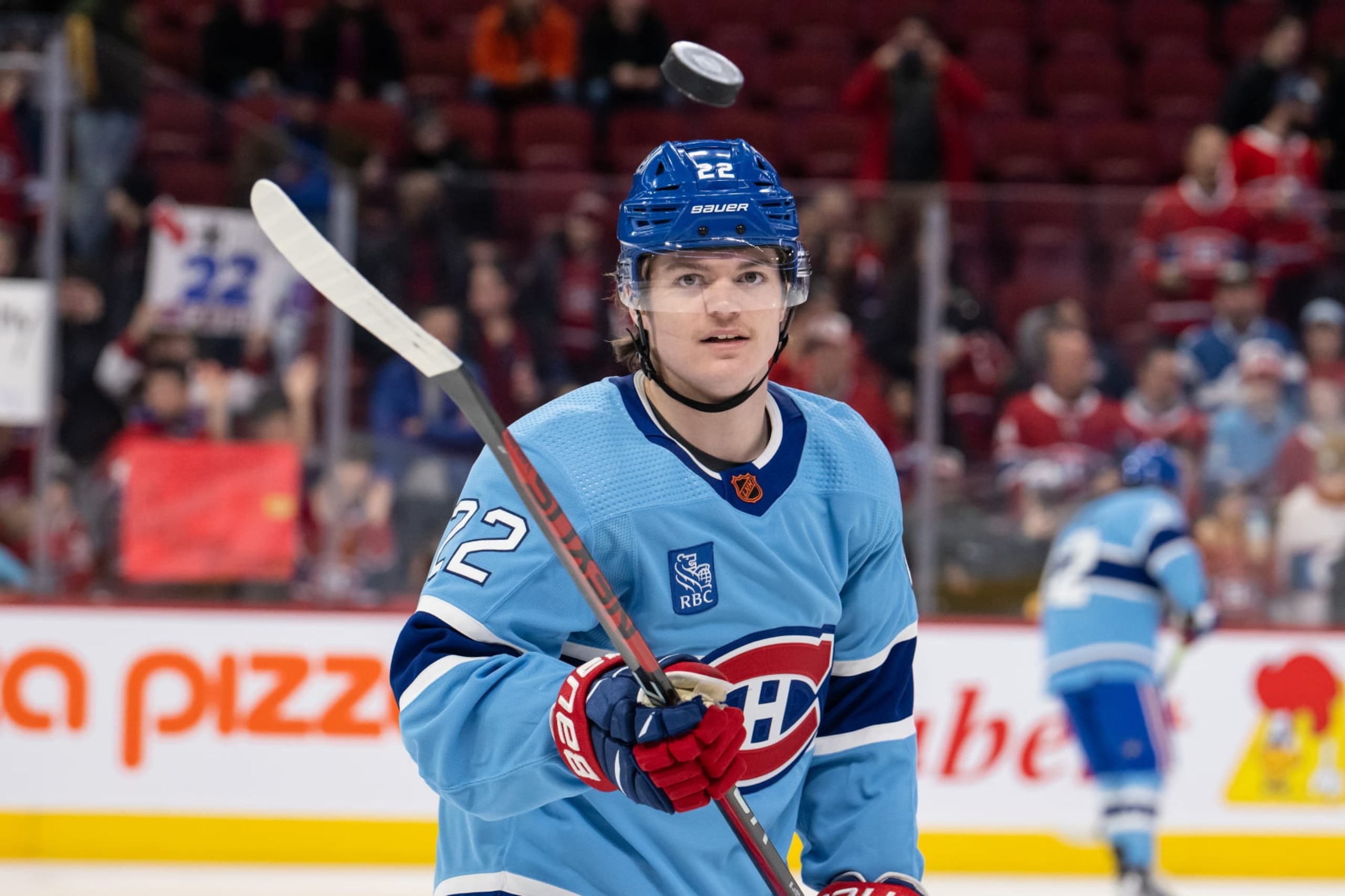 MONTREAL, QC - JANUARY 19: Cole Caufield (22) of the Montreal Canadiens bounces the puck on his stick during the warmup period of the NHL game between the Florida Panthers and the Montreal Canadiens on January 19, 2023, at the Bell Centre in Montreal, QC (Photo by Vincent Ethier/Icon Sportswire via Getty Images)