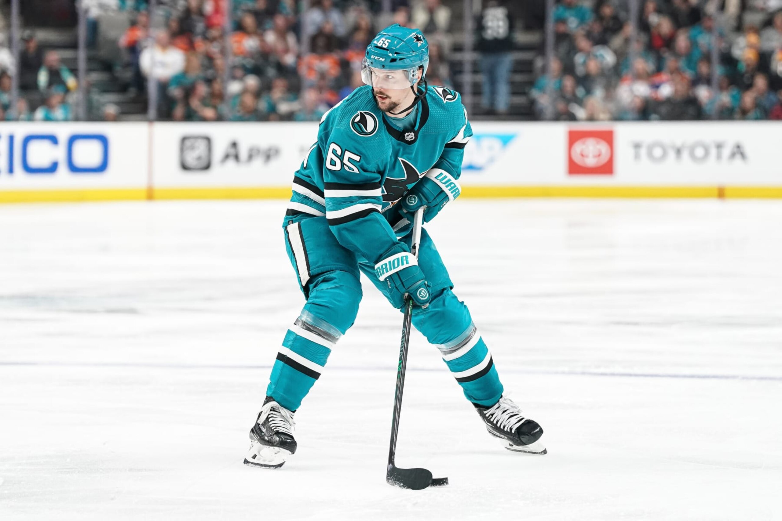 SAN JOSE, CA - APRIL 8: Erik Karlsson #65 of the San Jose Sharks skates with the puck in the third period against the Edmonton Oilers at SAP Center on April 8, 2023 in San Jose, California. (Photo by Kavin Mistry/NHLI via Getty Images)