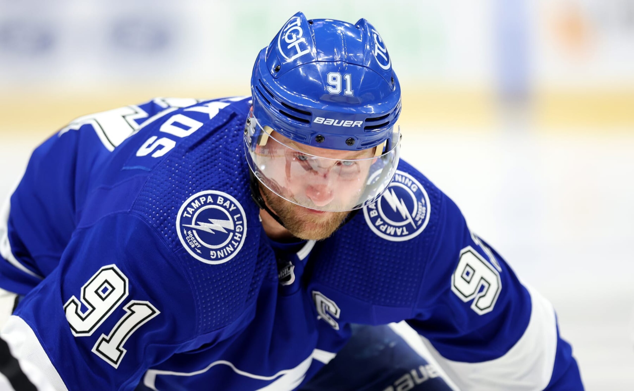 TAMPA, FLORIDA - APRIL 29: Steven Stamkos #91 of the Tampa Bay Lightning faces off in the second period during  Game Six of the First Round of the 2023 Stanley Cup Playoffs against the Toronto Maple Leafs at Amalie Arena on April 29, 2023 in Tampa, Florida. (Photo by Mike Ehrmann/Getty Images)