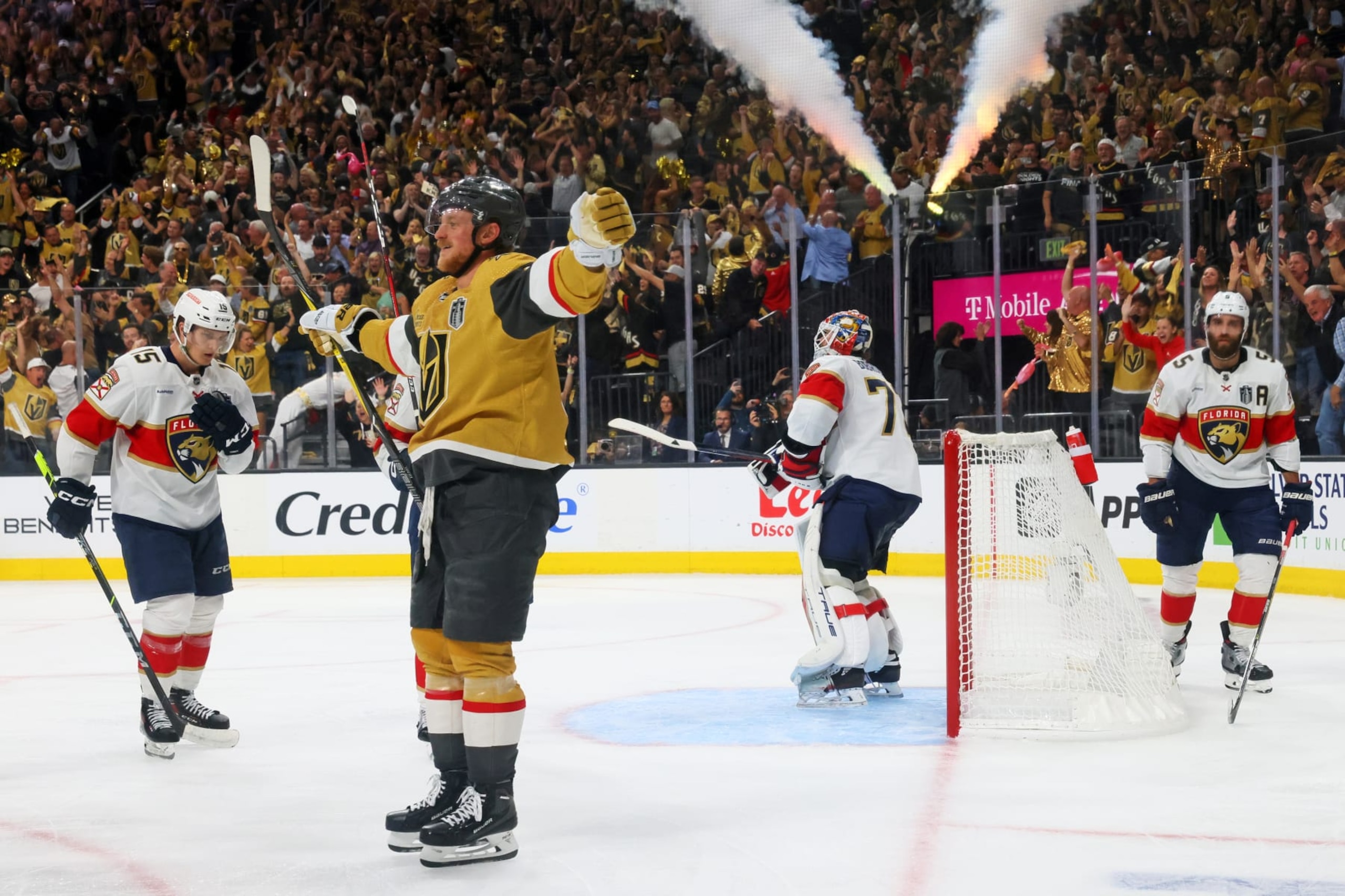 LAS VEGAS, NEVADA - JUNE 13: Jack Eichel #9 of the Vegas Golden Knights celebrates a third period goal by Ivan Barbashev #49 against the Florida Panthers in Game Five of the 2023 NHL Stanley Cup Final at T-Mobile Arena on June 13, 2023 in Las Vegas, Nevada. (Photo by Bruce Bennett/Getty Images)