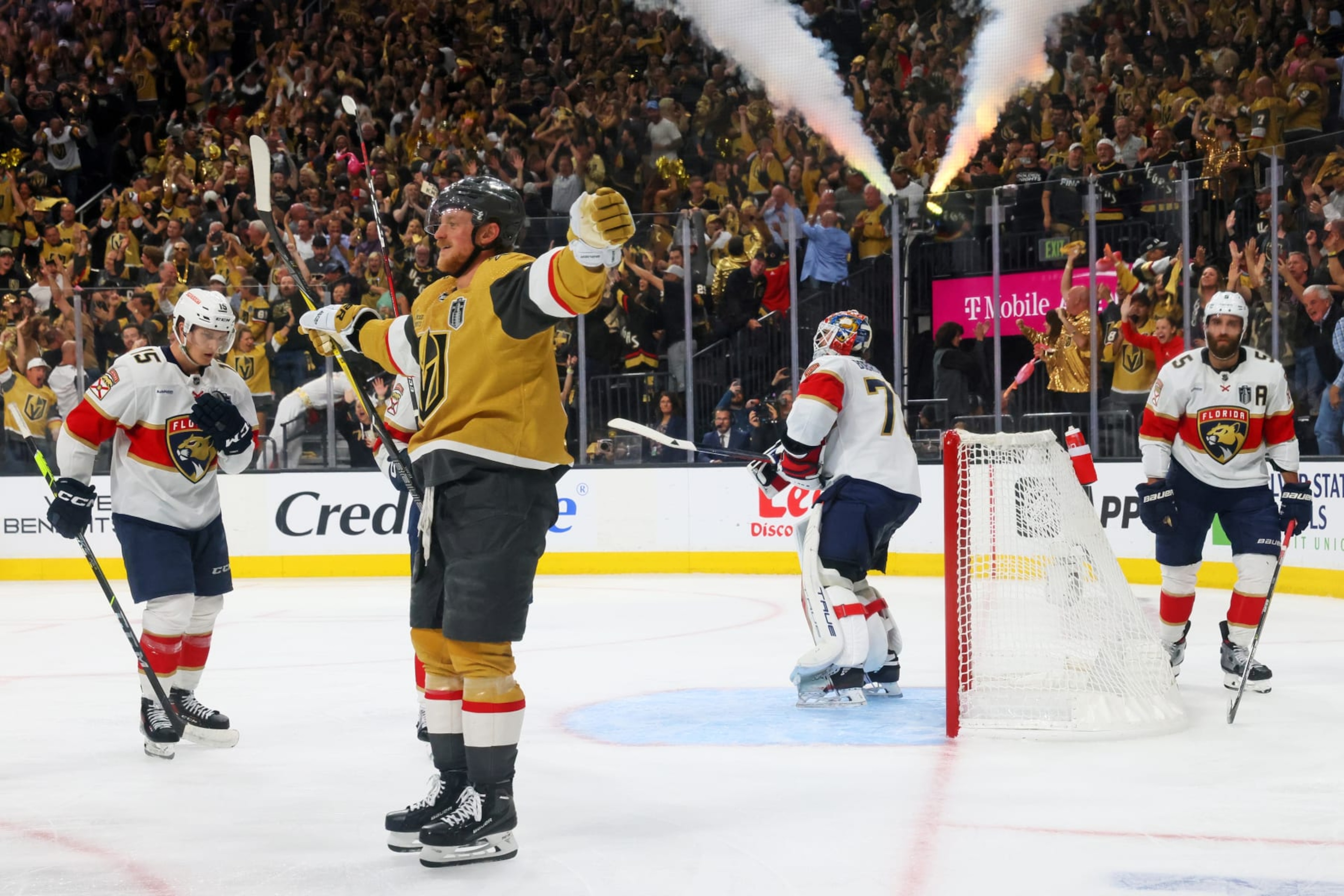 LAS VEGAS, NEVADA - JUNE 13: Jack Eichel #9 of the Vegas Golden Knights celebrates a third period goal by Ivan Barbashev #49 against the Florida Panthers in Game Five of the 2023 NHL Stanley Cup Final at T-Mobile Arena on June 13, 2023 in Las Vegas, Nevada. (Photo by Bruce Bennett/Getty Images)