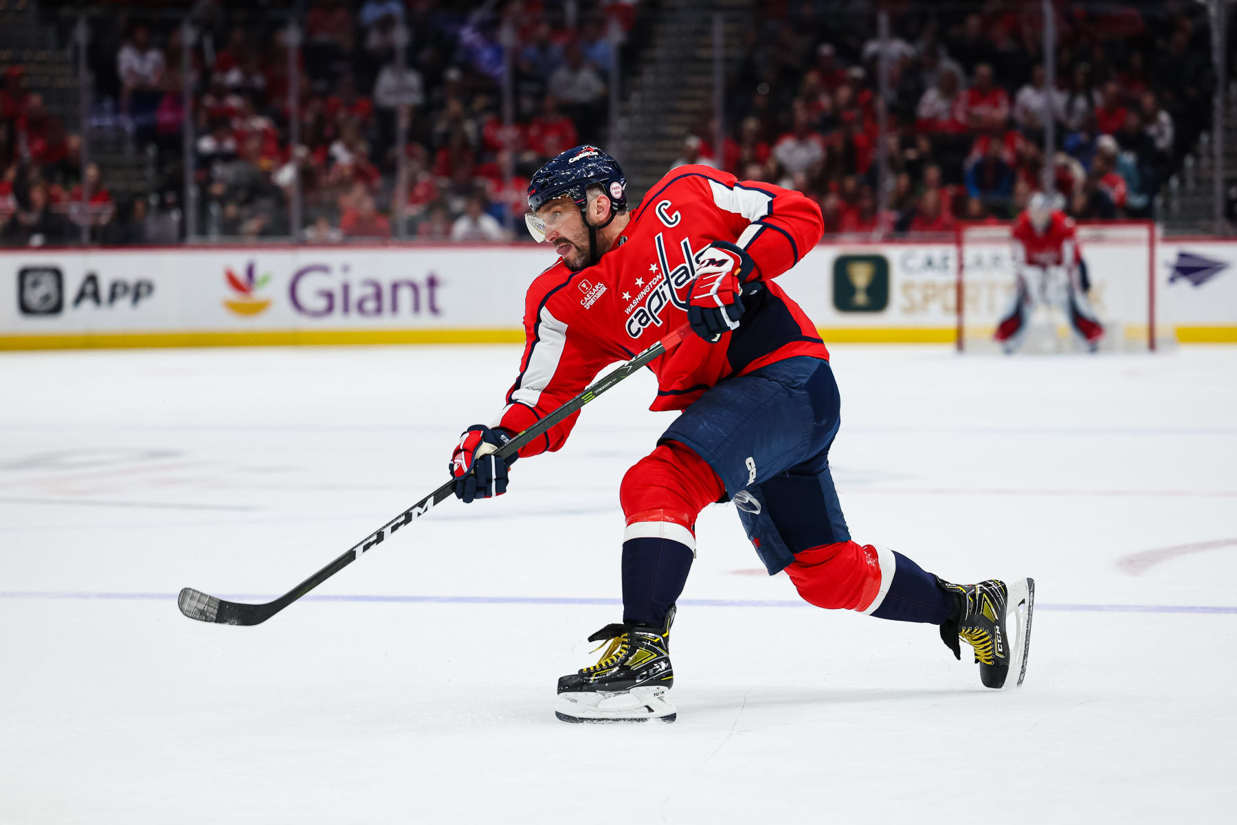 WASHINGTON, DC - APRIL 13: Alex Ovechkin #8 of the Washington Capitals shoots the puck against the New Jersey Devils during the second period of the game at Capital One Arena on April 13, 2023 in Washington, DC. (Photo by Scott Taetsch/Getty Images)