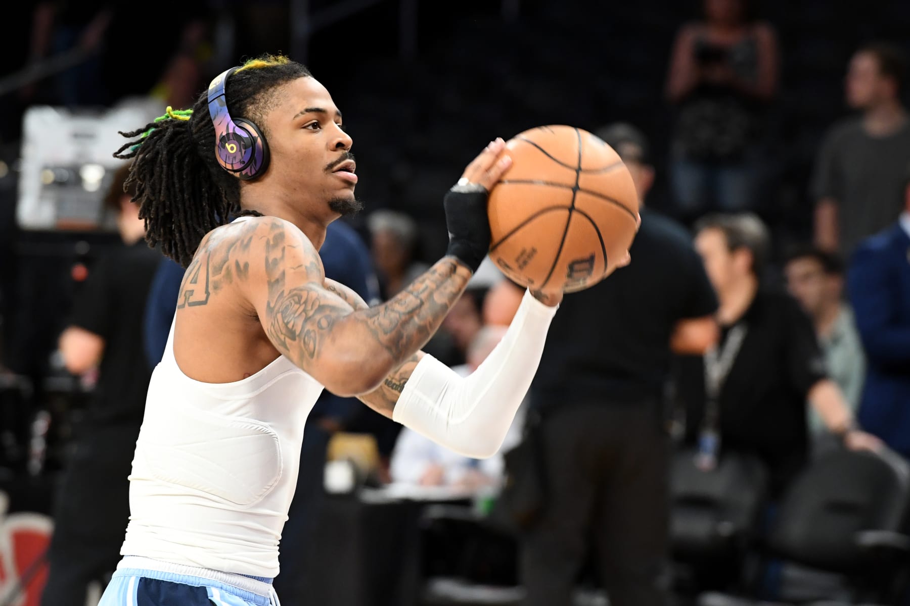 LOS ANGELES, CA - APRIL 28: Ja Morant #12 of the Memphis Grizzlies warms up prior to the game against the Los Angeles Lakers during Round 1 Game 6 of the 2023 NBA Playoffs on April 28, 2023 at Crypto.Com Arena in Los Angeles, California. NOTE TO USER: User expressly acknowledges and agrees that, by downloading and/or using this Photograph, user is consenting to the terms and conditions of the Getty Images License Agreement. Mandatory Copyright Notice: Copyright 2023 NBAE (Photo by Andrew D. Bernstein/NBAE via Getty Images)