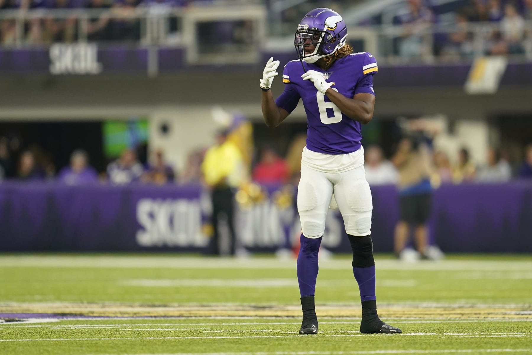 Minnesota Vikings safety Lewis Cine (6) looks on during the first half of an NFL preseason football game against the San Francisco 49ers Saturday, Aug. 20, 2022, in Minneapolis. (AP Photo/Abbie Parr)