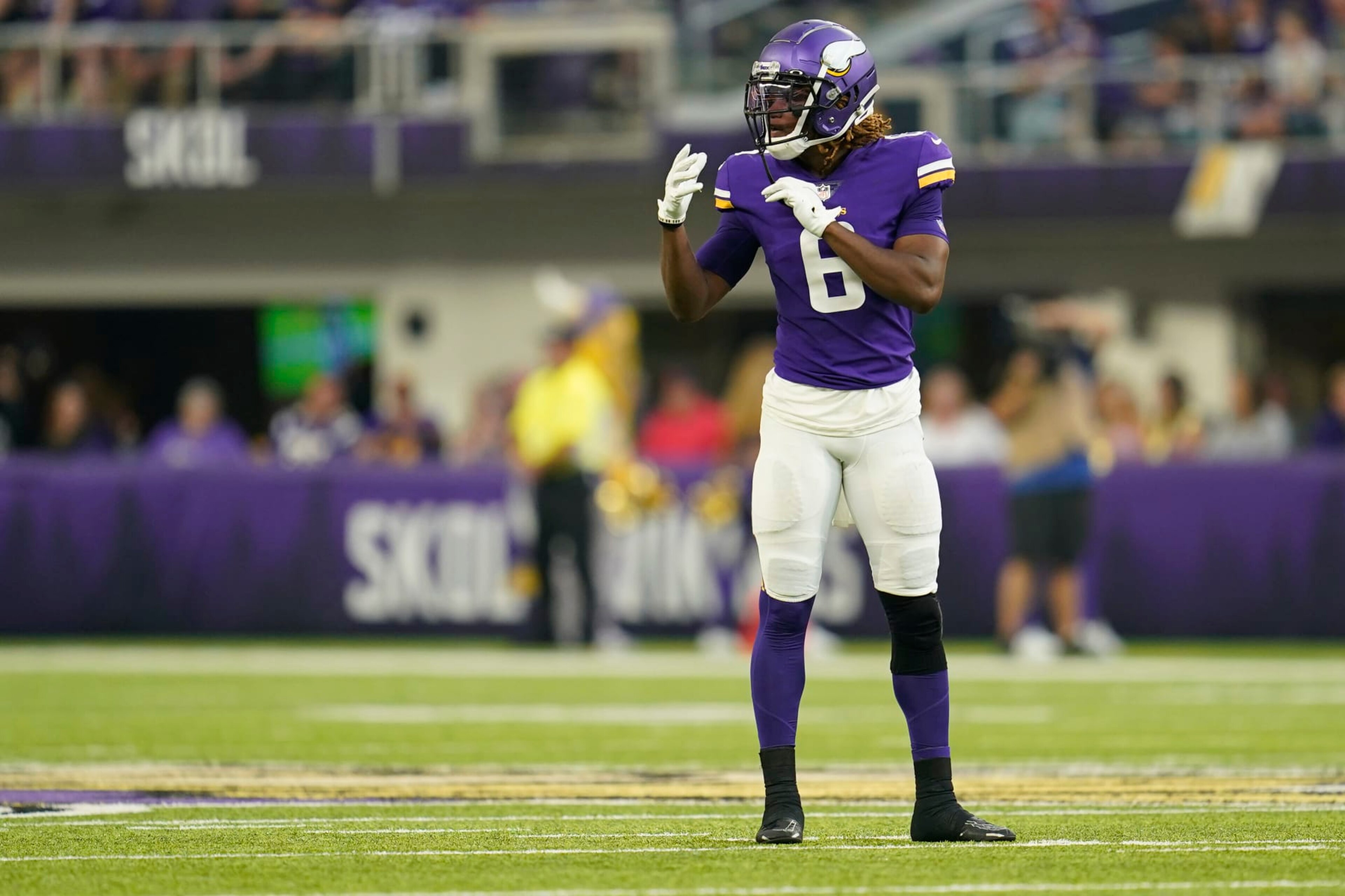 Minnesota Vikings safety Lewis Cine (6) looks on during the first half of an NFL preseason football game against the San Francisco 49ers Saturday, Aug. 20, 2022, in Minneapolis. (AP Photo/Abbie Parr)