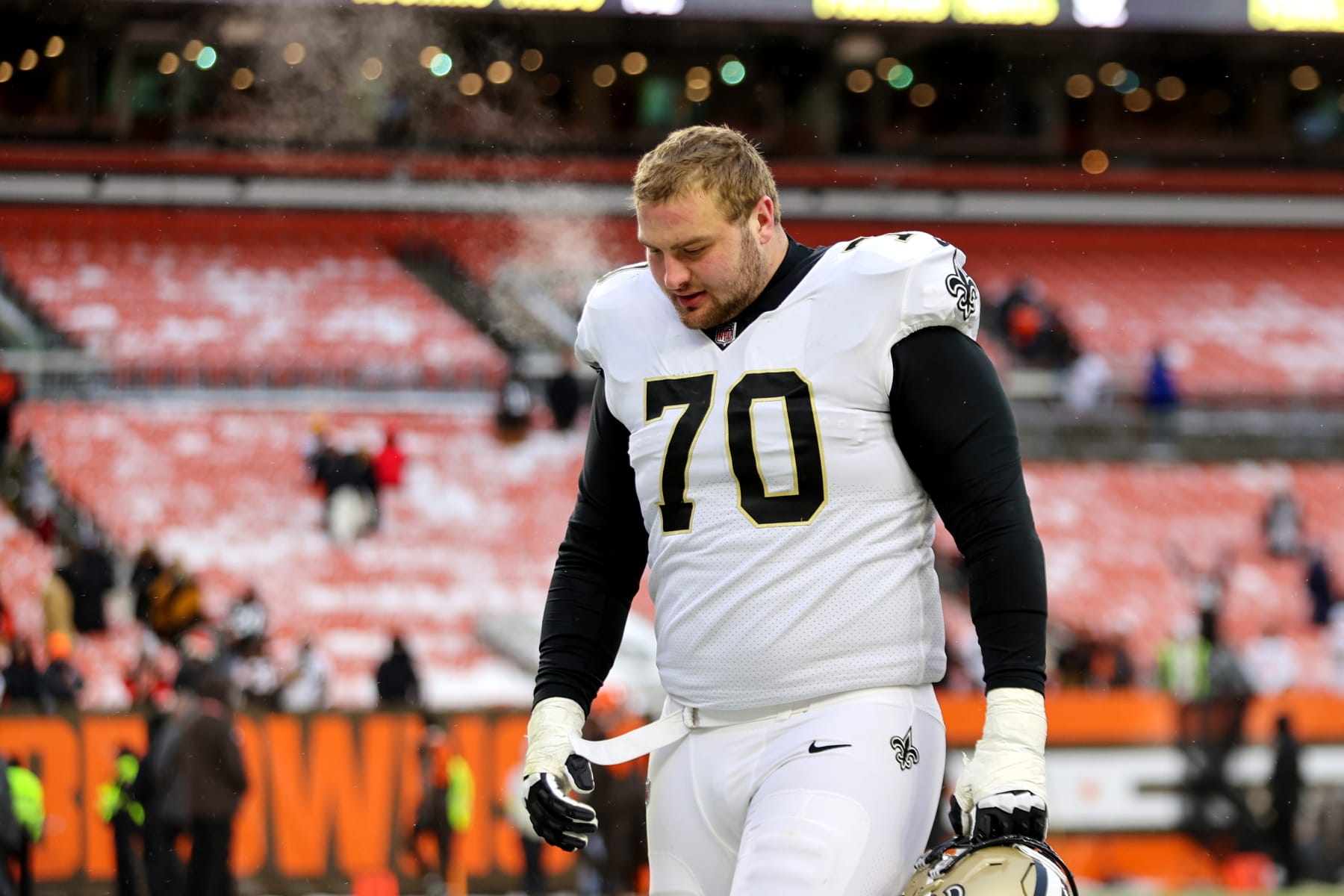 CLEVELAND, OH - DECEMBER 24: New Orleans Saints offensive tackle Trevor Penning (70) leaves the field following the National Football League game between the New Orleans Saints and Cleveland Browns on December 24, 2022, at FirstEnergy Stadium in Cleveland, OH. (Photo by Frank Jansky/Icon Sportswire via Getty Images)