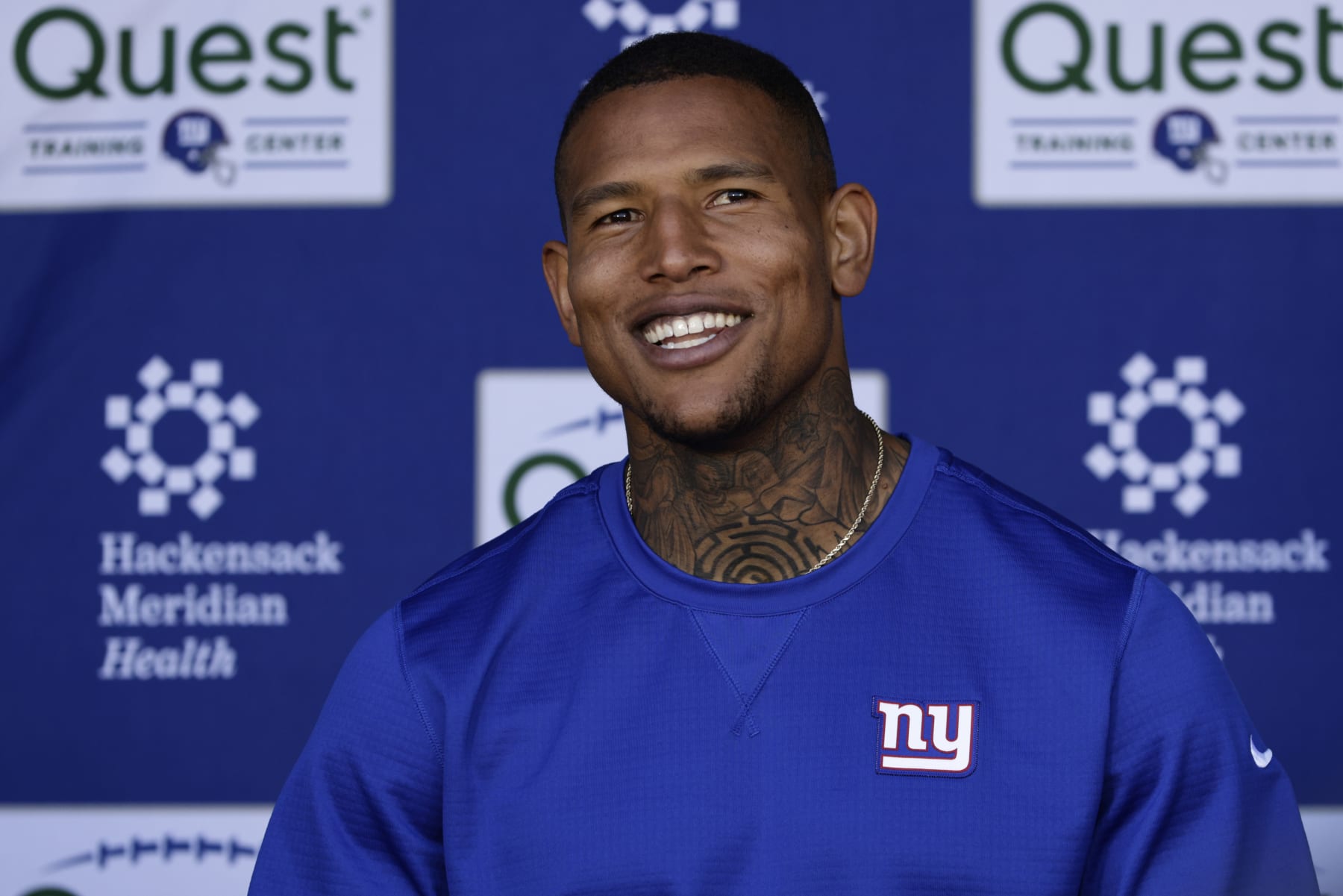 EAST RUTHERFORD, NEW JERSEY - MAY 25: Tight end Darren Waller #12 of the New York Giants talks to reporters after OTA's at Quest Diagnostics Center on May 25, 2023 in East Rutherford, New Jersey. (Photo by Rich Schultz/Getty Images)