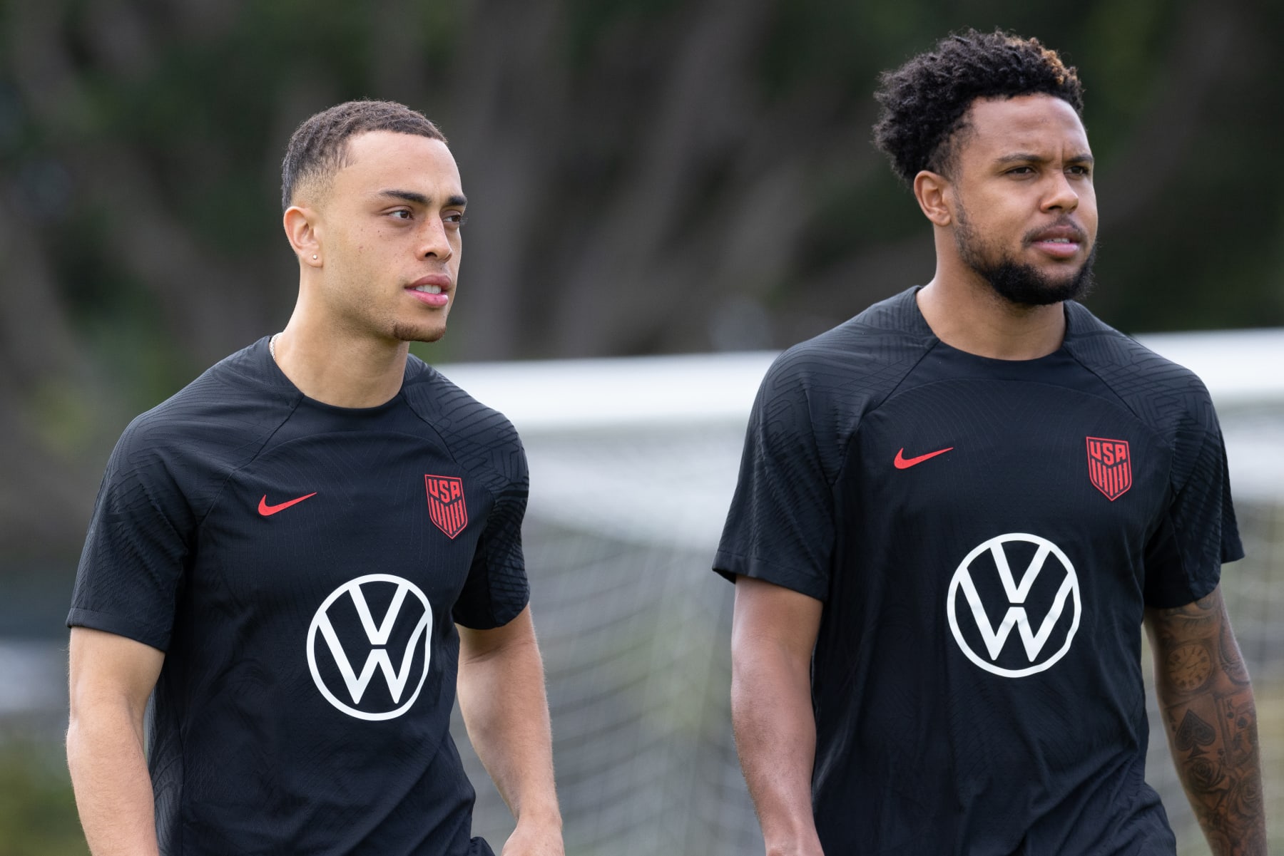 CARSON, CA - JUNE 8: Sergino Dest, Weston McKennie of the United States  during USMNT Training at Dignity Health Sports Park on June 8, 2023 in Carson, California. (Photo by John Dorton/USSF/Getty Images for USSF).