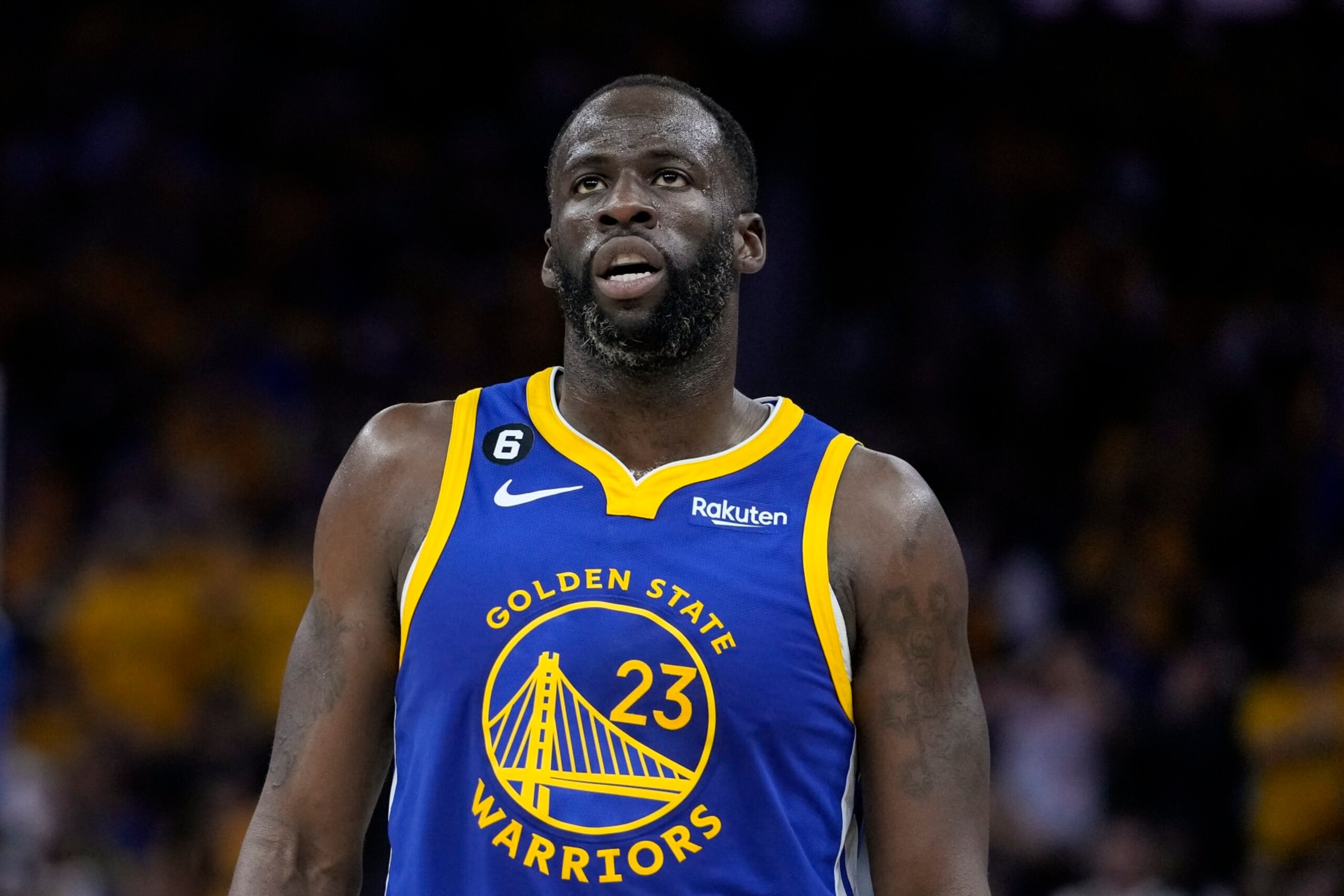 Golden State Warriors forward Draymond Green stands on the court during the second half of Game 6 of a first-round NBA basketball playoff series against the Sacramento Kings in San Francisco, Friday, April 28, 2023. (AP Photo/Godofredo A. Vásquez)