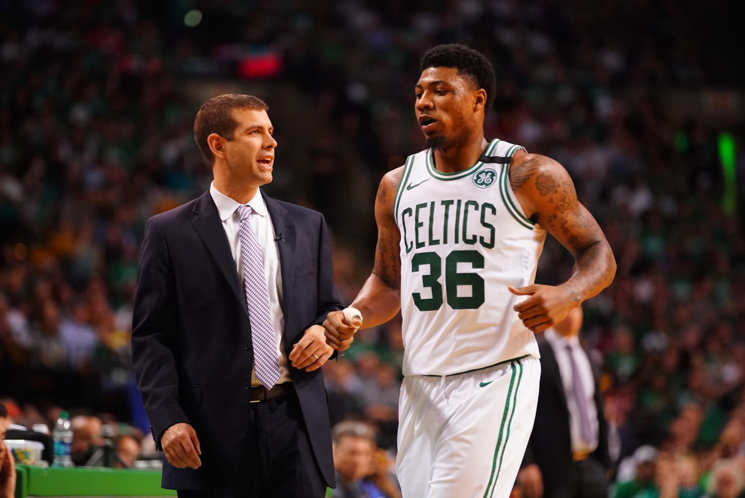 Basketball: NBA Playoffs: Boston Celtics coach Brad Stevens with Marcus Smart (36) during game vs Cleveland Cavaliers at TD Garden. Game 5. 
Boston, MA 5/23/2018
CREDIT: Erick W. Rasco (Photo by Erick W. Rasco /Sports Illustrated via Getty Images)
(Set Number: X161937 TK1 )