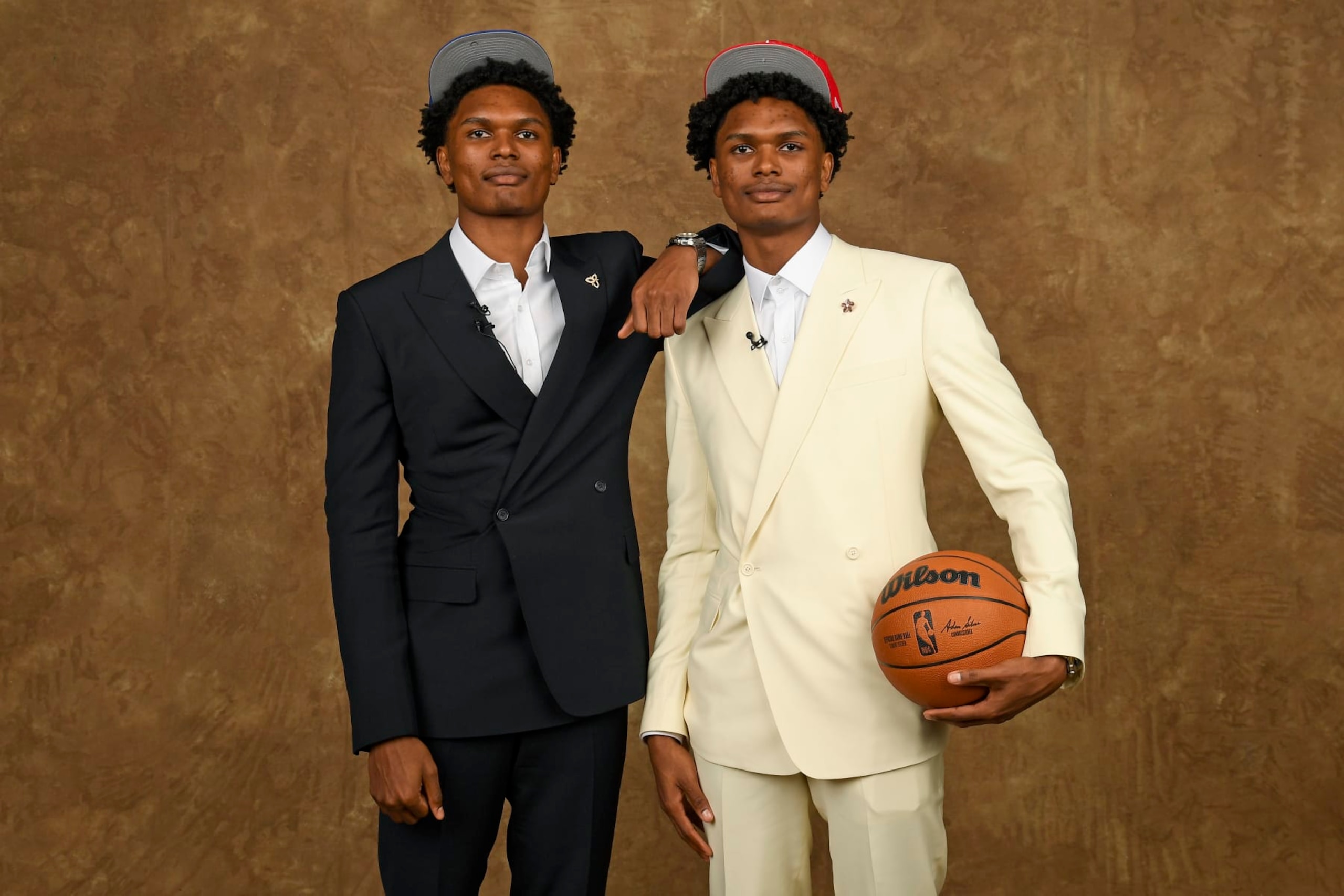 BROOKLYN, NY - JUNE 22: Amen Thompson and Ausar Thompson pose for a portrait after being drafted during the 2023 NBA Draft on June 22, 2023 at Barclays Center in Brooklyn, New York. NOTE TO USER: User expressly acknowledges and agrees that, by downloading and or using this photograph, User is consenting to the terms and conditions of the Getty Images License Agreement. Mandatory Copyright Notice: Copyright 2023 NBAE (Photo by Brian Babineau/NBAE via Getty Images)