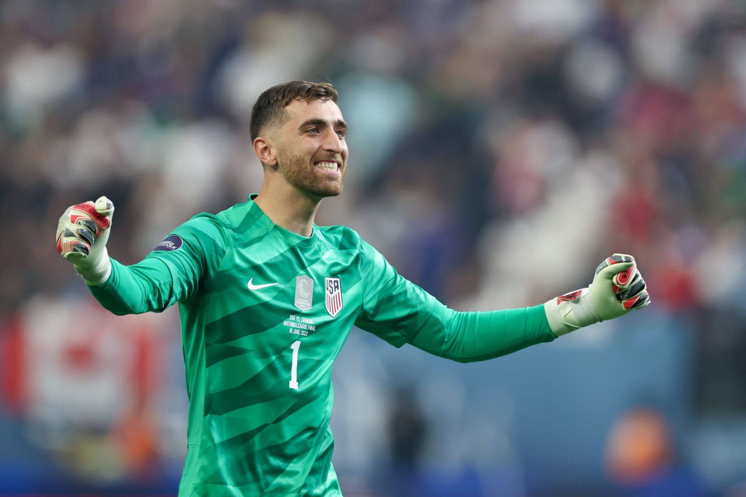 LAS VEGAS, NEVADA - JUNE 18: Goalkeeper Matt Turner of USA celebrates after his side scored a goal to make it 0-1  during the CONCACAF Nations League Final between Canada v United States at Allegiant Stadium on June 18, 2023 in Las Vegas, Nevada. (Photo by Matthew Ashton - AMA/Getty Images)