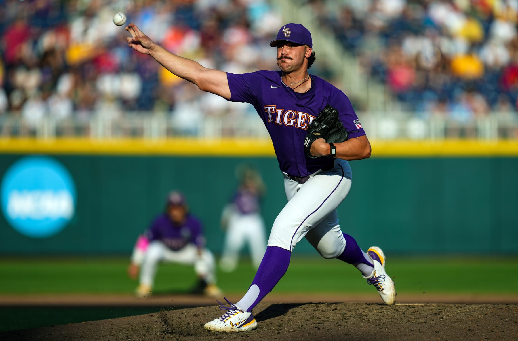 OMAHA, NEBRASKA - JUNE 22: Paul Skenes #20 of the LSU pitches during the fifth inning against the Wake Forest at Charles Schwab Field on June 22, 2023 in Omaha, Nebraska. (Photo by Jay Biggerstaff/Getty Images)
