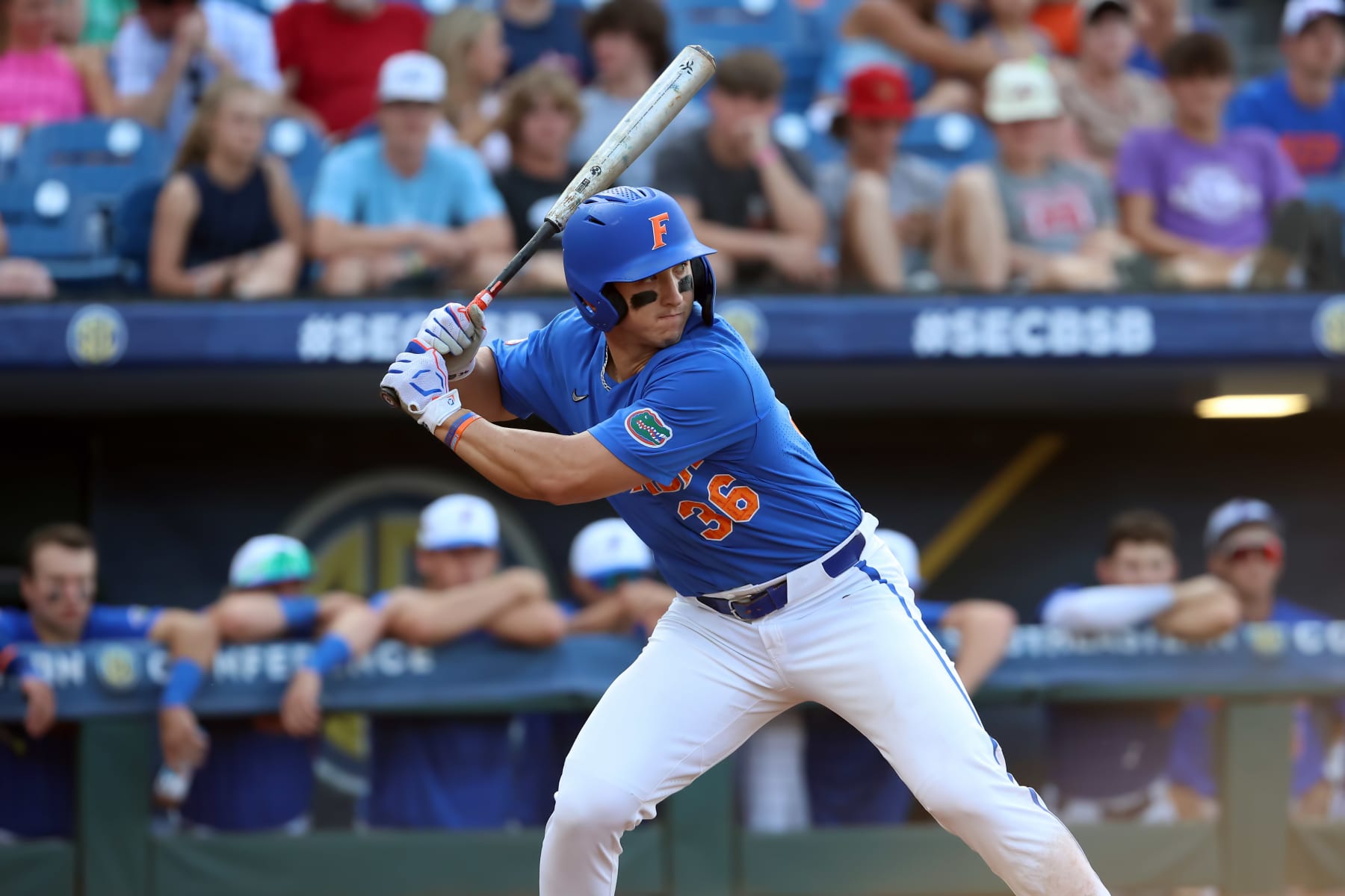 HOOVER, AL - MAY 27: Florida Gators utility Wyatt Langford (36) during the 2023 SEC Baseball Tournament game between the Florida Gators and the Vanderbilt Commodores on May 27, 2023 at Hoover Metropolitan Stadium in Hoover, Alabama.  (Photo by Michael Wade/Icon Sportswire via Getty Images)