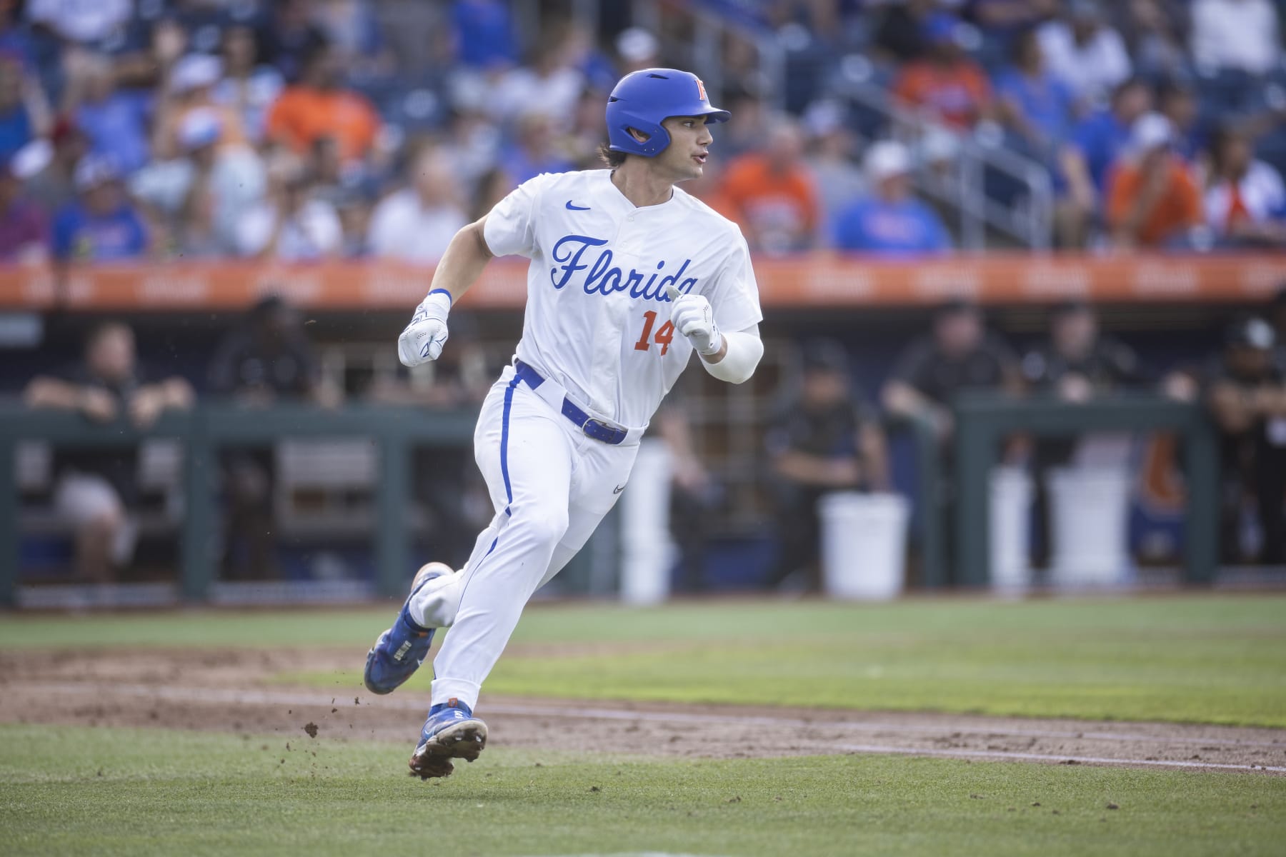 GAINESVILLE, FLORIDA - MAY 12: Jac Caglianone #14 of the Florida Gators runs to first base during a game against the Vanderbilt Commodores at Condron Family Ballpark on May 12, 2023 in Gainesville, Florida. (Photo by James Gilbert/Getty Images)