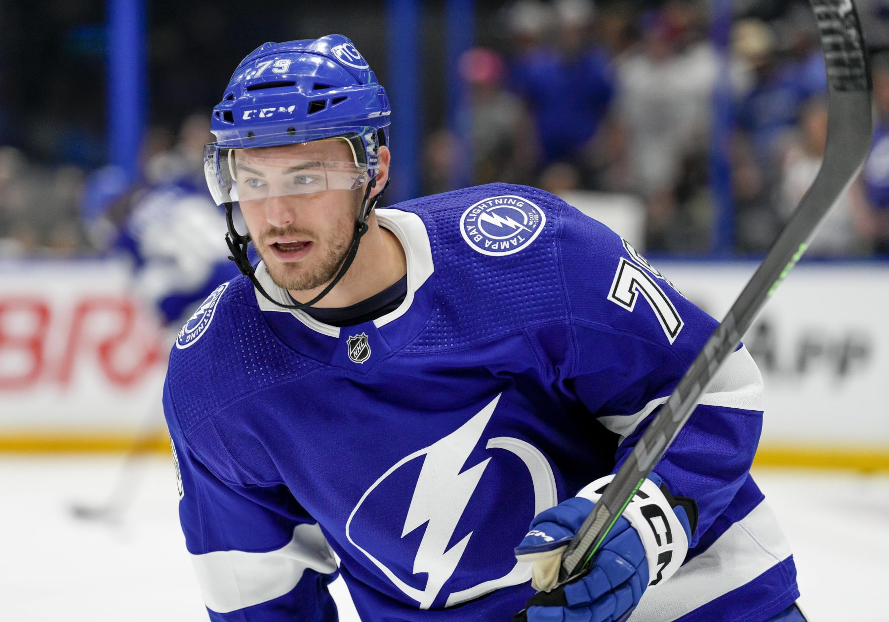 TAMPA, FL - APRIL 29: Tampa Bay Lightning center Ross Colton (79) warms up before  Game Six of the First Round of the 2023 Stanley Cup Playoffs between the Tampa Bay Lightning and Toronto Maple Leafs on April 29th 2023 at Amalie Arena in Tampa, FL. (Photo by Andrew Bershaw/Icon Sportswire via Getty Images)