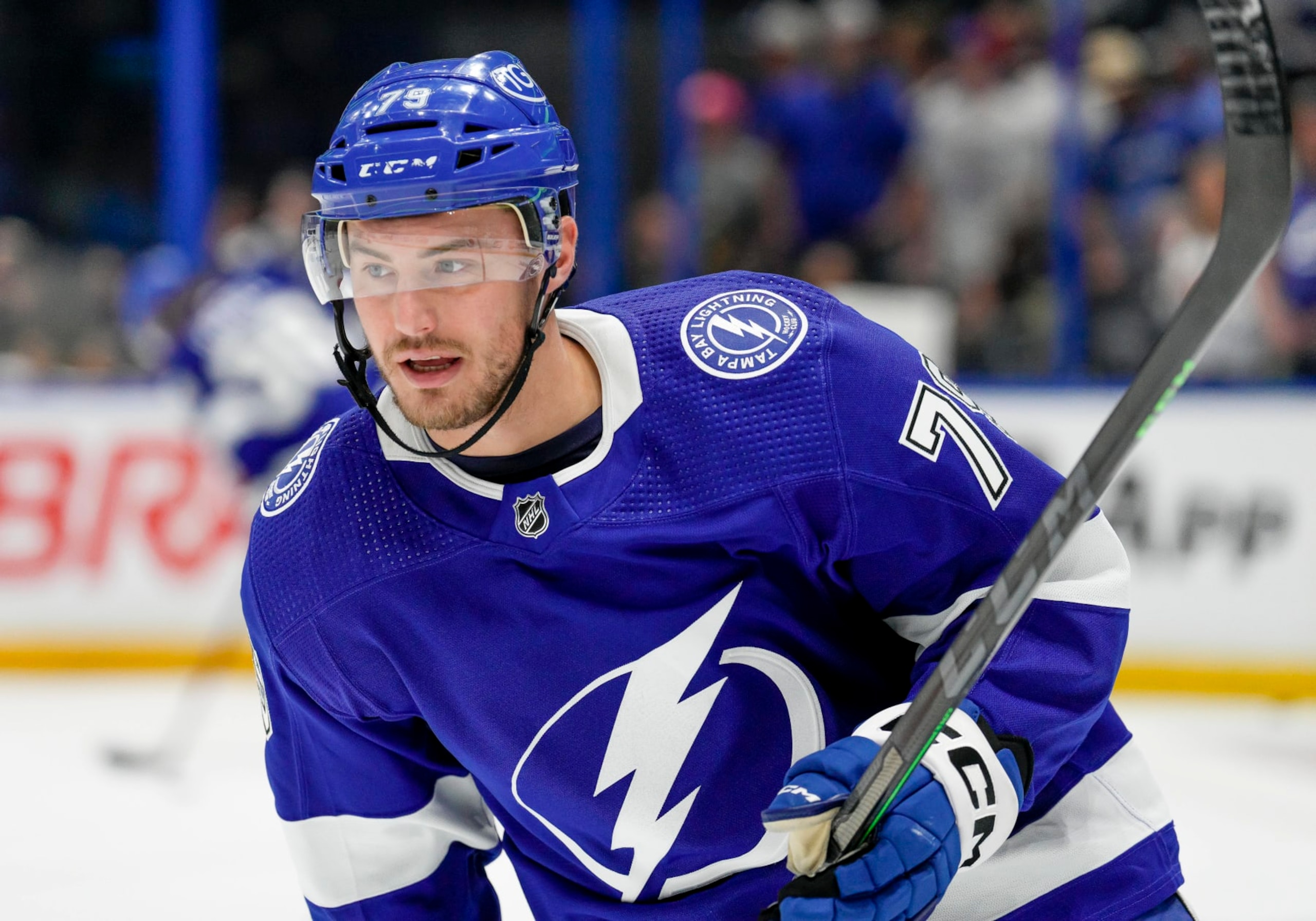 TAMPA, FL - APRIL 29: Tampa Bay Lightning center Ross Colton (79) warms up before  Game Six of the First Round of the 2023 Stanley Cup Playoffs between the Tampa Bay Lightning and Toronto Maple Leafs on April 29th 2023 at Amalie Arena in Tampa, FL. (Photo by Andrew Bershaw/Icon Sportswire via Getty Images)
