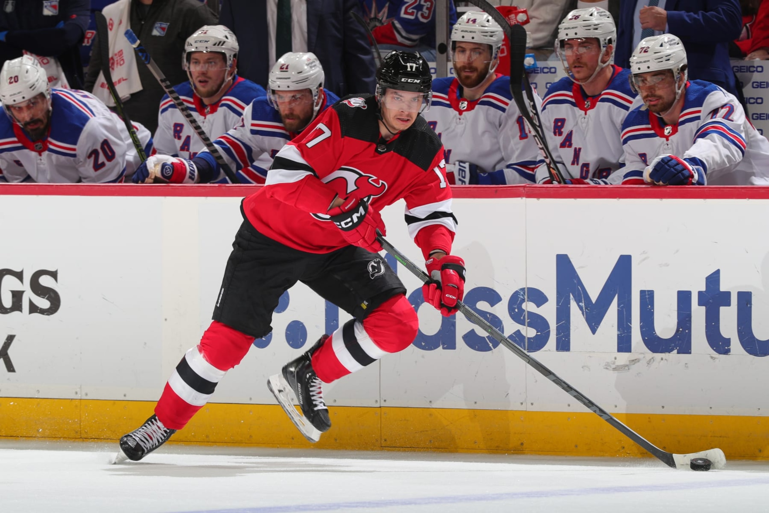 NEWARK, NJ - MAY 01:  Yegor Sharangovich #17 of the New Jersey Devils skates in the first period of Game Seven of the First Round of the 2023 Stanley Cup Playoffs against the New York Rangers at the Prudential Center on May 1, 2023 in Newark, New Jersey.  (Photo by Rich Graessle/NHLI via Getty Images)