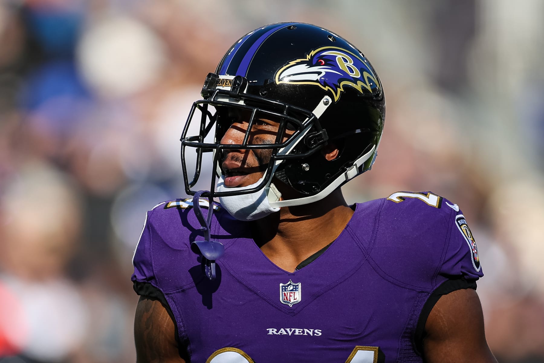 BALTIMORE, MD - NOVEMBER 20: Marcus Peters #24 of the Baltimore Ravens reacts against the Carolina Panthers during the first half at M&T Bank Stadium on November 20, 2022 in Baltimore, Maryland. (Photo by Scott Taetsch/Getty Images)
