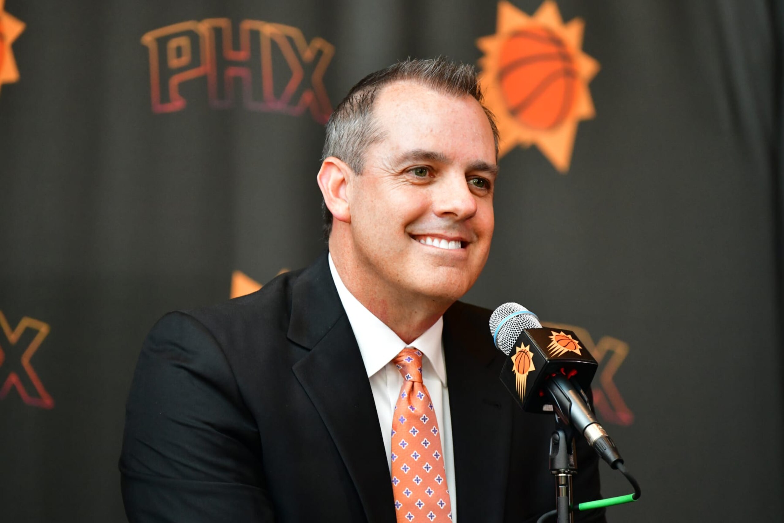 PHOENIX, AZ - JUNE 6: Frank Vogel talks to the media during his introductory press conference on June 6, 2023, at the Footprint Center in Phoenix, Arizona. NOTE TO USER: User expressly acknowledges and agrees that, by downloading and or using this Photograph, user is consenting to the terms and conditions of the Getty Images License Agreement. Mandatory Copyright Notice: Copyright 2023 NBAE (Photo by Barry Gossage/NBAE via Getty Images)
