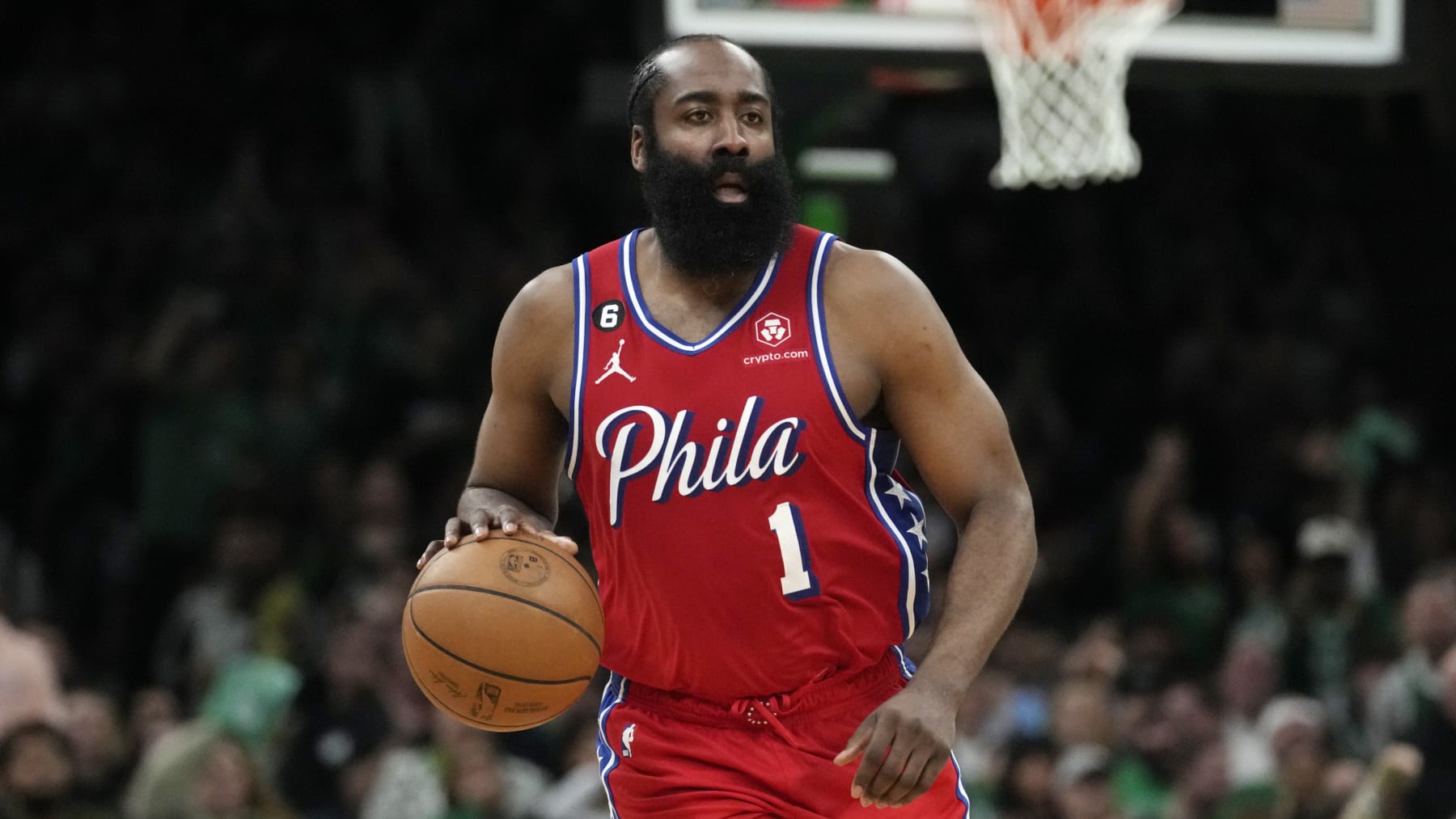 Philadelphia 76ers guard James Harden (1) during Game 1 in the NBA basketball Eastern Conference semifinals playoff series, Monday, May 1, 2023, in Boston. (AP Photo/Charles Krupa)