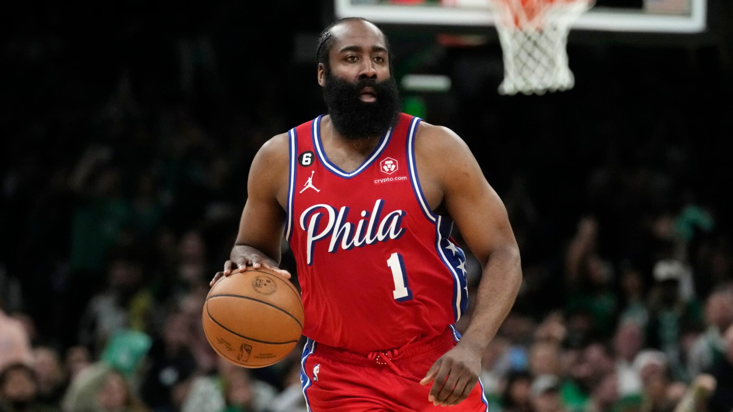 Philadelphia 76ers guard James Harden (1) during Game 1 in the NBA basketball Eastern Conference semifinals playoff series, Monday, May 1, 2023, in Boston. (AP Photo/Charles Krupa)