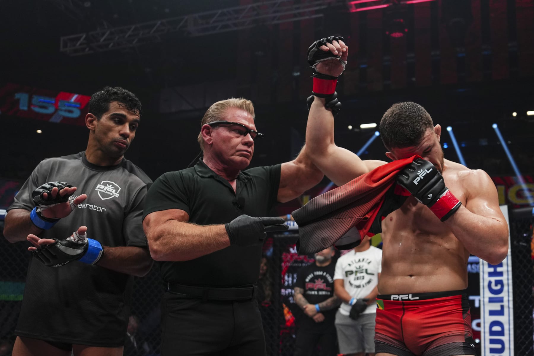 ATLANTA, GA - JUNE 23: Natan Schulte celebrates after defeating Raush Manfio during PFL 2023 week 6 at OTE Arena on June 23, 2023 in Atlanta, Georgia. (Photo by Cooper Neill/Getty Images)