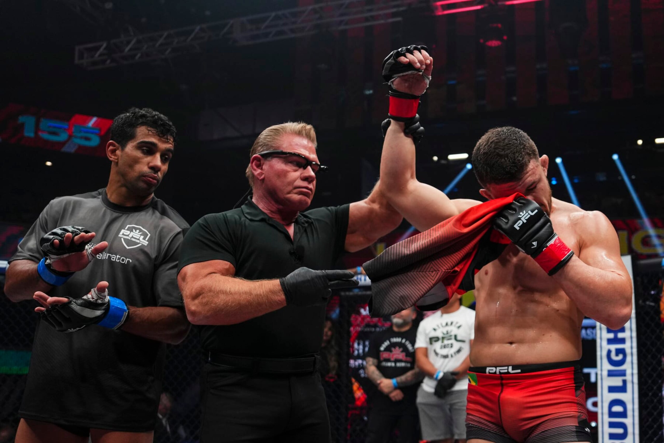 ATLANTA, GA - JUNE 23: Natan Schulte celebrates after defeating Raush Manfio during PFL 2023 week 6 at OTE Arena on June 23, 2023 in Atlanta, Georgia. (Photo by Cooper Neill/Getty Images)