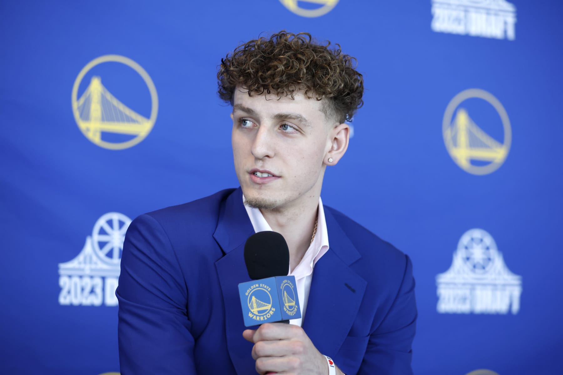 SAN FRANCISCO, CA - JUNE 23: Golden State Warriors' Brandin Podziemski speaks to the media during a press conference on June 23, 2023 at Chase Center in San Francisco, California. NOTE TO USER: User expressly acknowledges and agrees that, by downloading and or using this photograph, user is consenting to the terms and conditions of Getty Images License Agreement. Mandatory Copyright Notice: Copyright 2023 NBAE (Photo by Jed Jacobsohn/NBAE via Getty Images)
