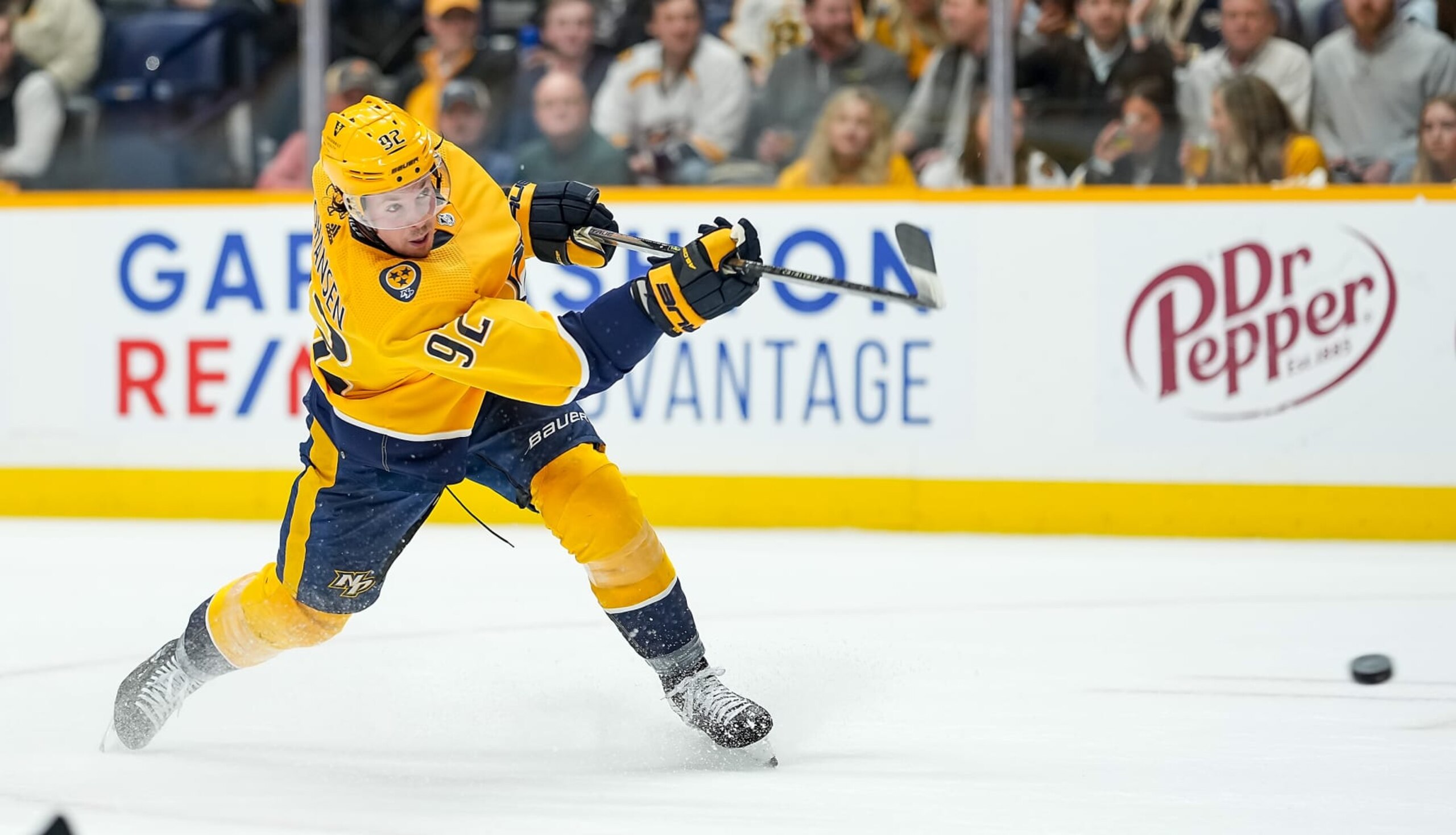 NASHVILLE, TENNESSEE - FEBRUARY 16: Ryan Johansen #92 of the Nashville Predators shoots the puck against the Boston Bruins during an NHL game at Bridgestone Arena on February 16, 2023 in Nashville, Tennessee. (Photo by John Russell/NHLI via Getty Images) NASHVILLE, TENNESSEE - FEBRUARY 16: Ryan Johansen #92 of the Nashville Predators shoots the puck against the Boston Bruins during an NHL game at Bridgestone Arena on February 16, 2023 in Nashville, Tennessee. (Photo by John Russell/NHLI via Getty Images)