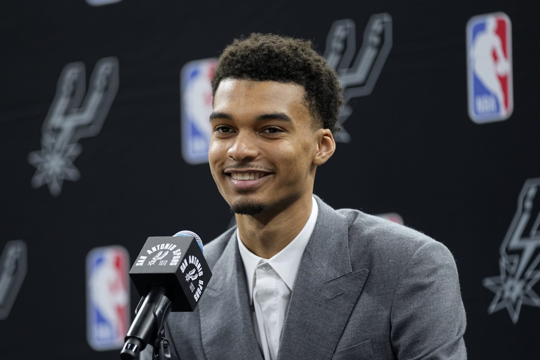 San Antonio Spurs NBA basketball first round draft pick Victor Wembanyama speaks during a news conference in San Antonio, Saturday, June 24, 2023. (AP Photo/Eric Gay)